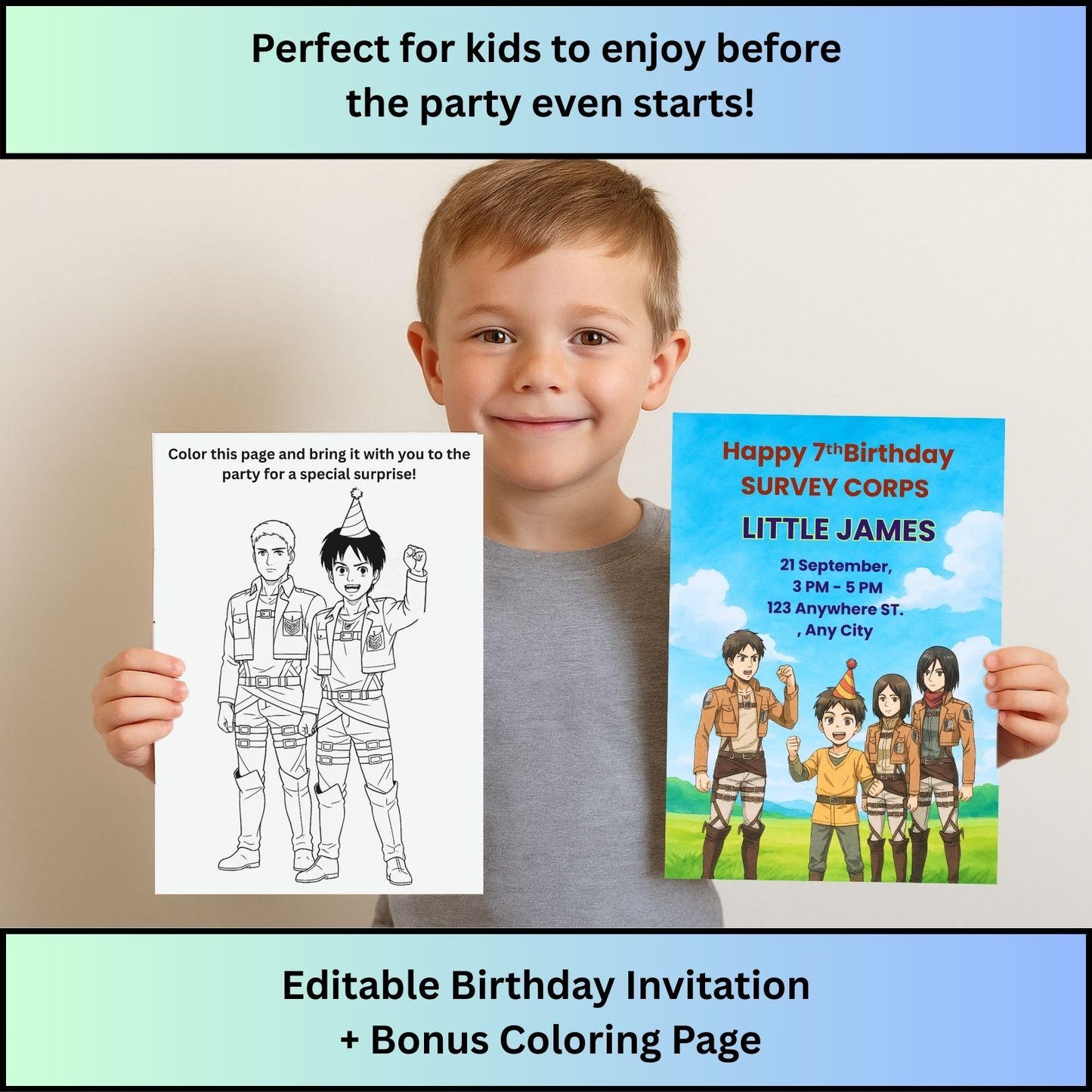 Attack on Titan Birthday Invitation + Bonus Coloring Page – Fully Editable Canva Template