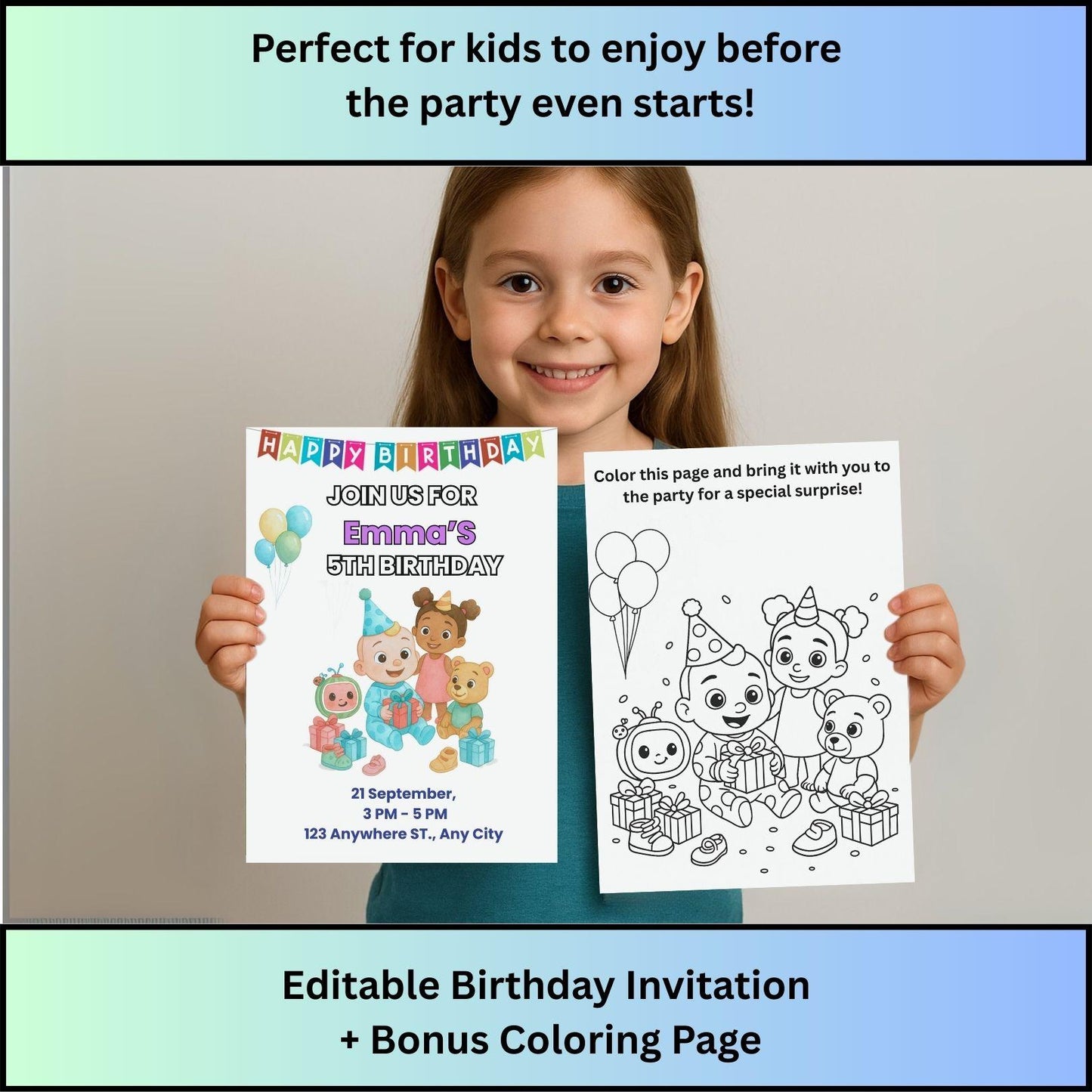 Smiling child holding editable Cocomelon birthday invitation template with colorful invite and bonus coloring page