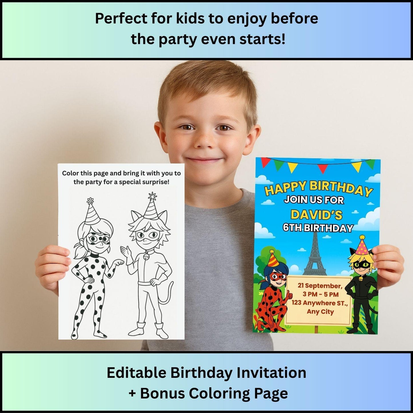 Miraculous Ladybug birthday invitation set with editable party invite and bonus coloring page held by child