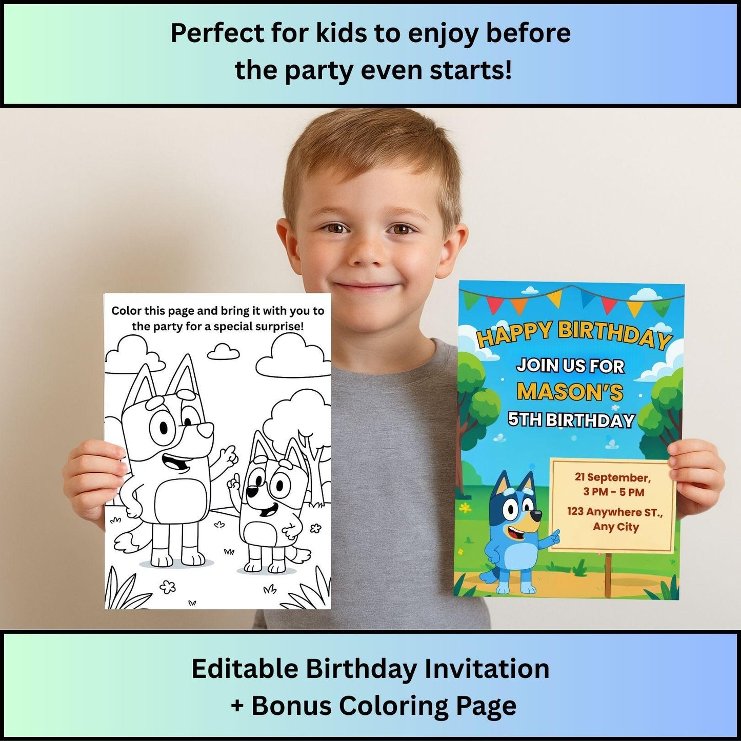 Bluey Birthday Invitation + Bonus Coloring Page – Editable Digital Template