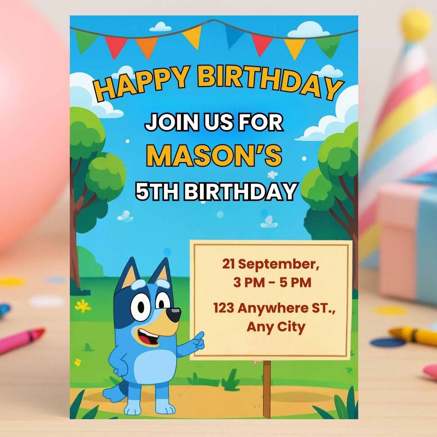 Bluey Birthday Invitation + Bonus Coloring Page – Editable Digital Template