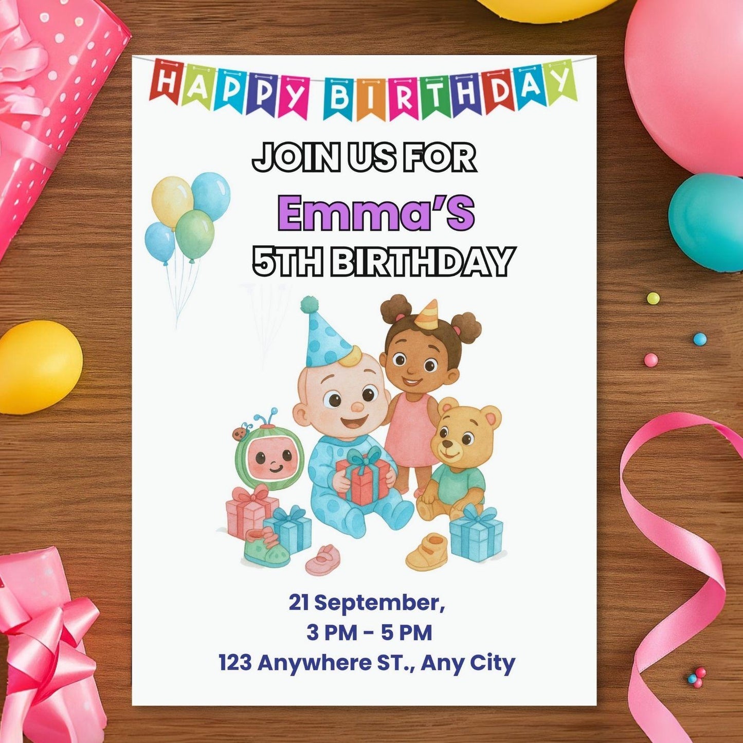 Cocomelon birthday invitation template with colorful banner balloons gifts and characters for Emmas 5th birthday