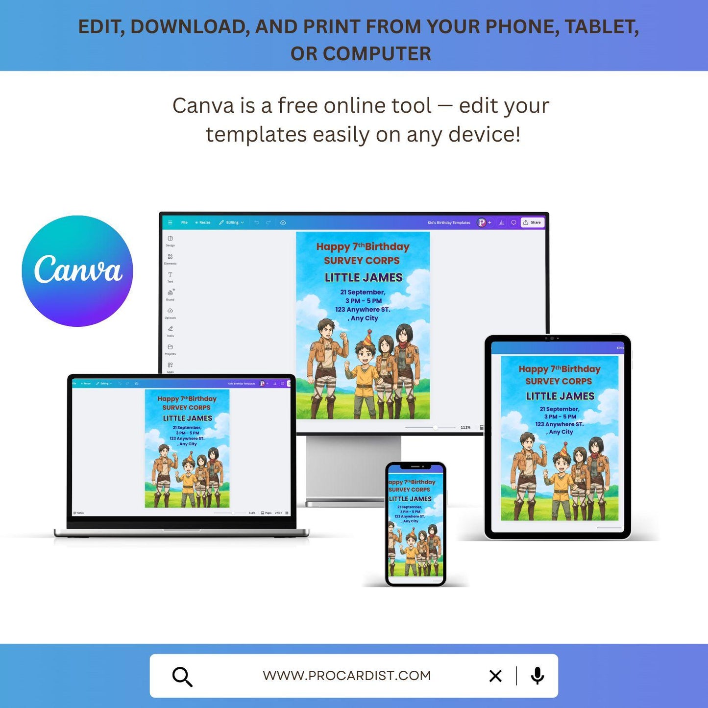 Attack on Titan Birthday Invitation + Bonus Coloring Page – Fully Editable Canva Template