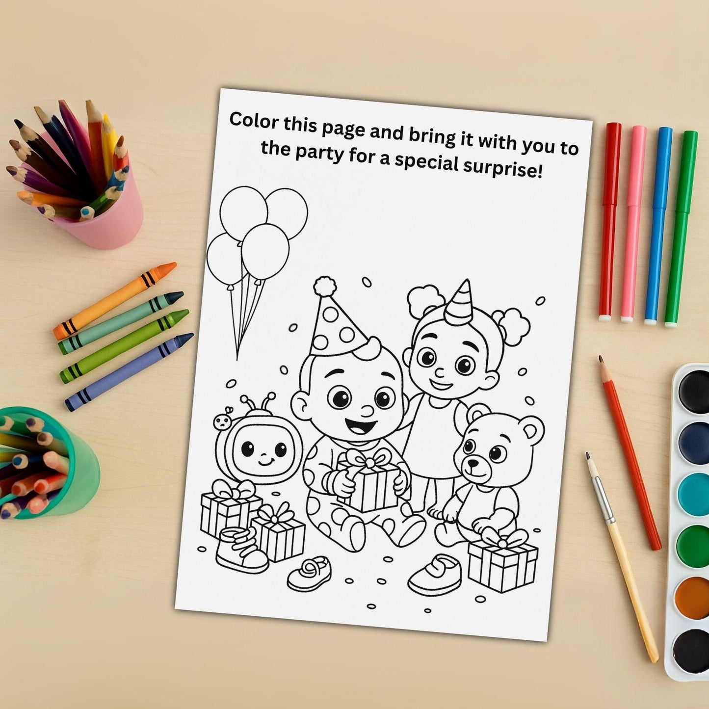 Cocomelon birthday invitation template coloring page with party characters gifts balloons and art supplies on table