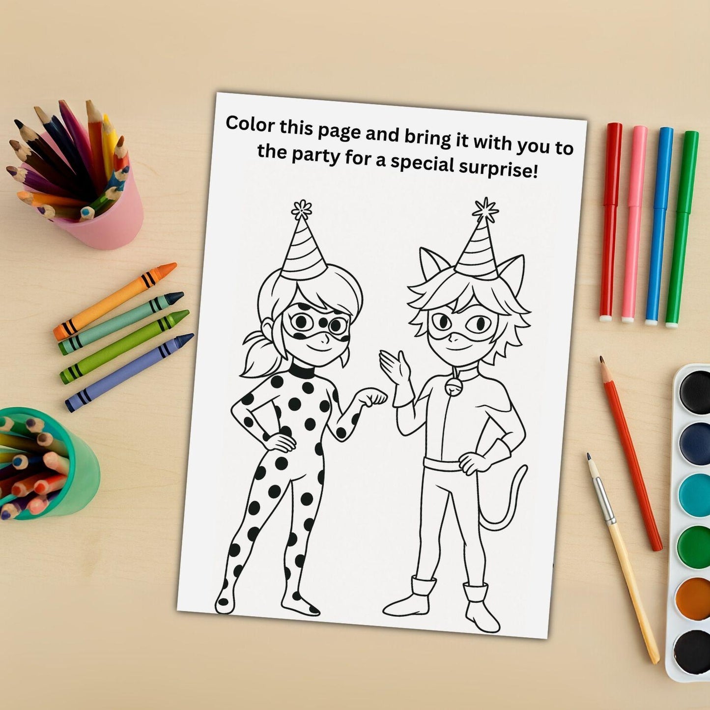 Miraculous Ladybug birthday invitation printable coloring page showing Ladybug and Cat Noir in party hats with crayons and paints