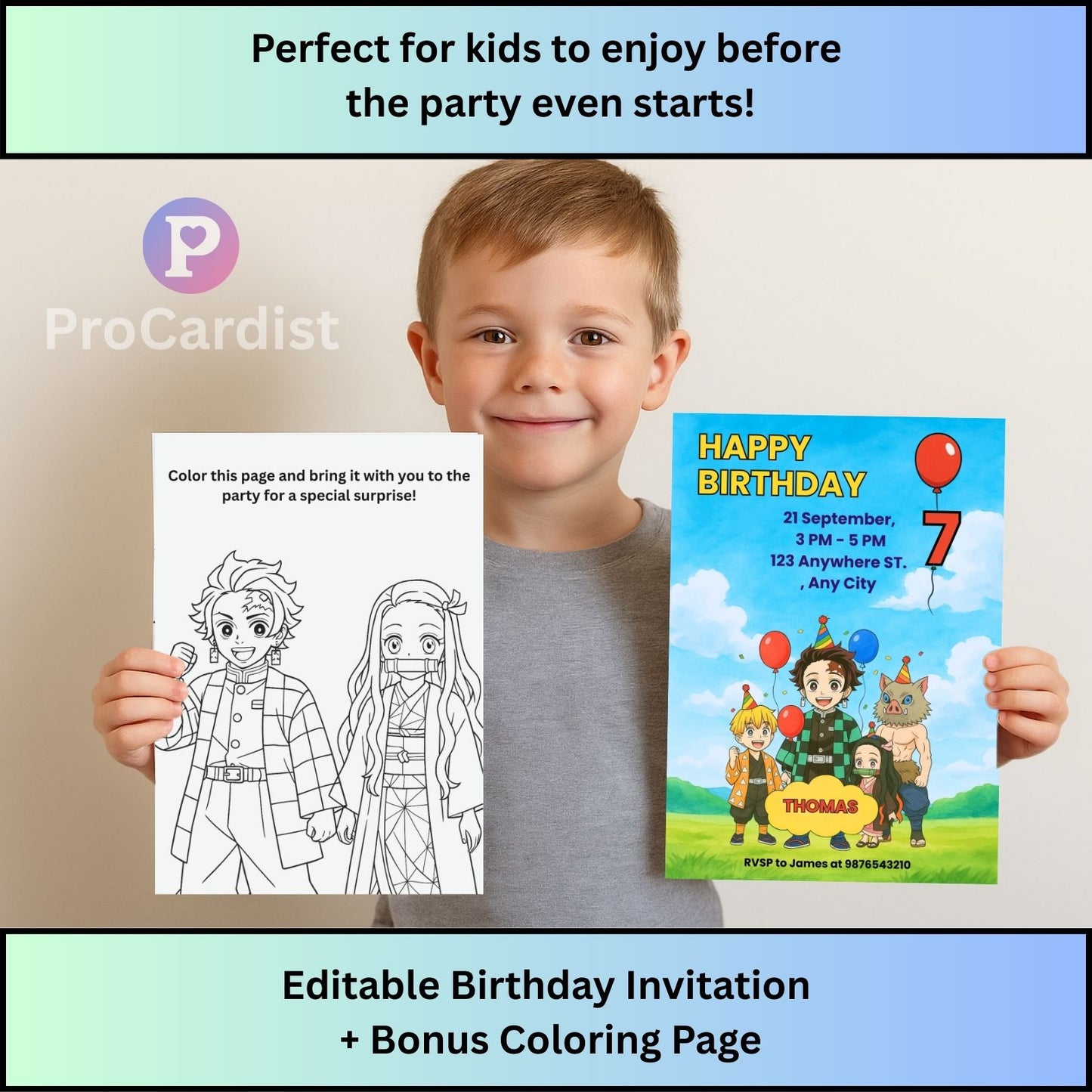 Boy holding an editable anime birthday invitation template with colorful anime characters and a bonus coloring page