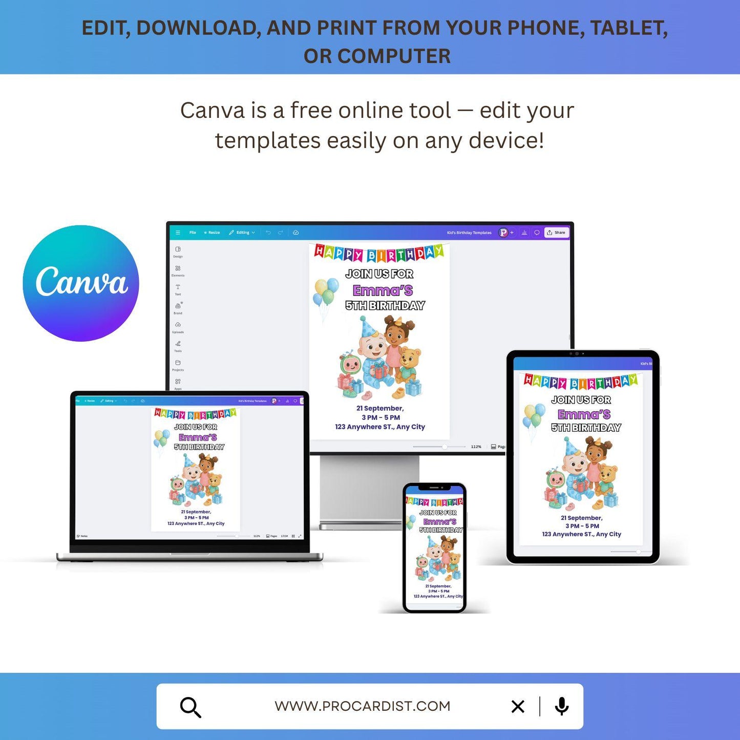 Editable digital Cocomelon birthday invitation template preview on phone tablet laptop and desktop in Canva