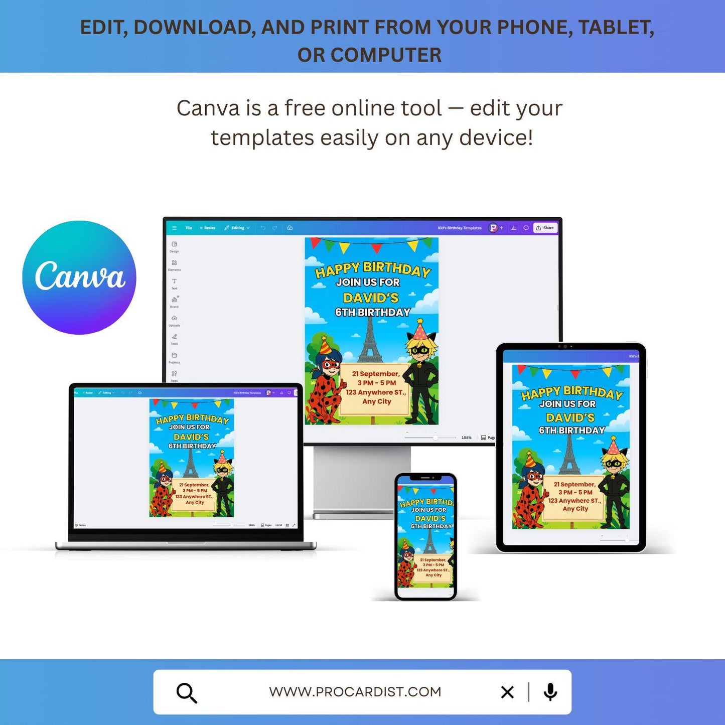 Miraculous Ladybug birthday invitation displayed on desktop laptop tablet and phone showing editable Canva template