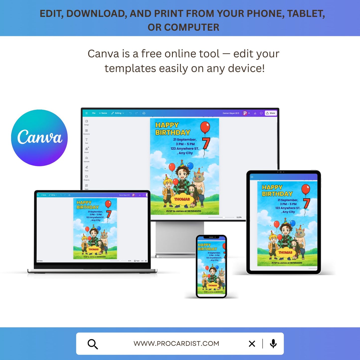 editable anime birthday invitation template displayed on phone tablet laptop and desktop in Canva editor mockup