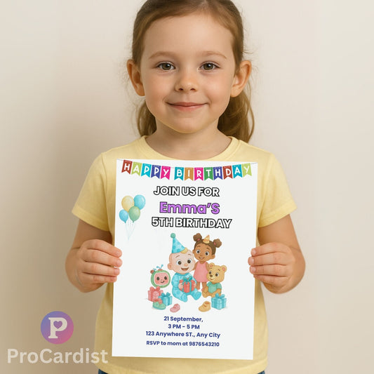 Cocomelon birthday invitation template featuring cheerful characters for Emma's 5th birthday celebration