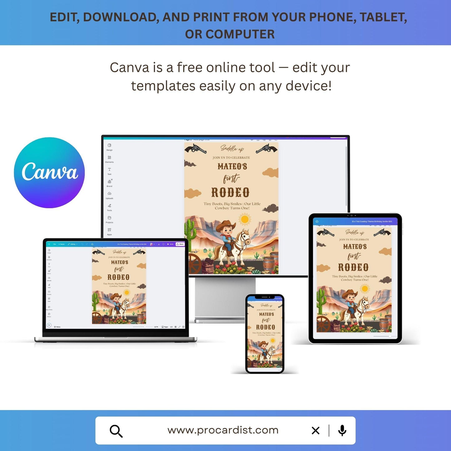Editable Country Western Party Invitation USA, Cowboy First Birthday Canva Template by ProCardist on multiple devices