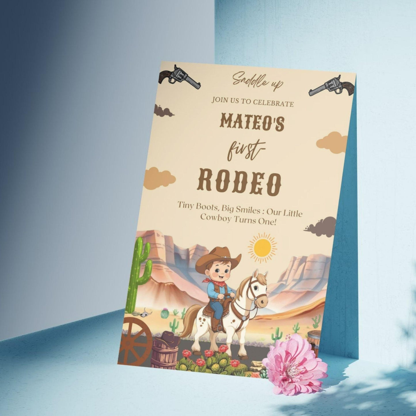 Country Western Party Invitation USA for Mateo's first rodeo birthday with cowboy and horse design