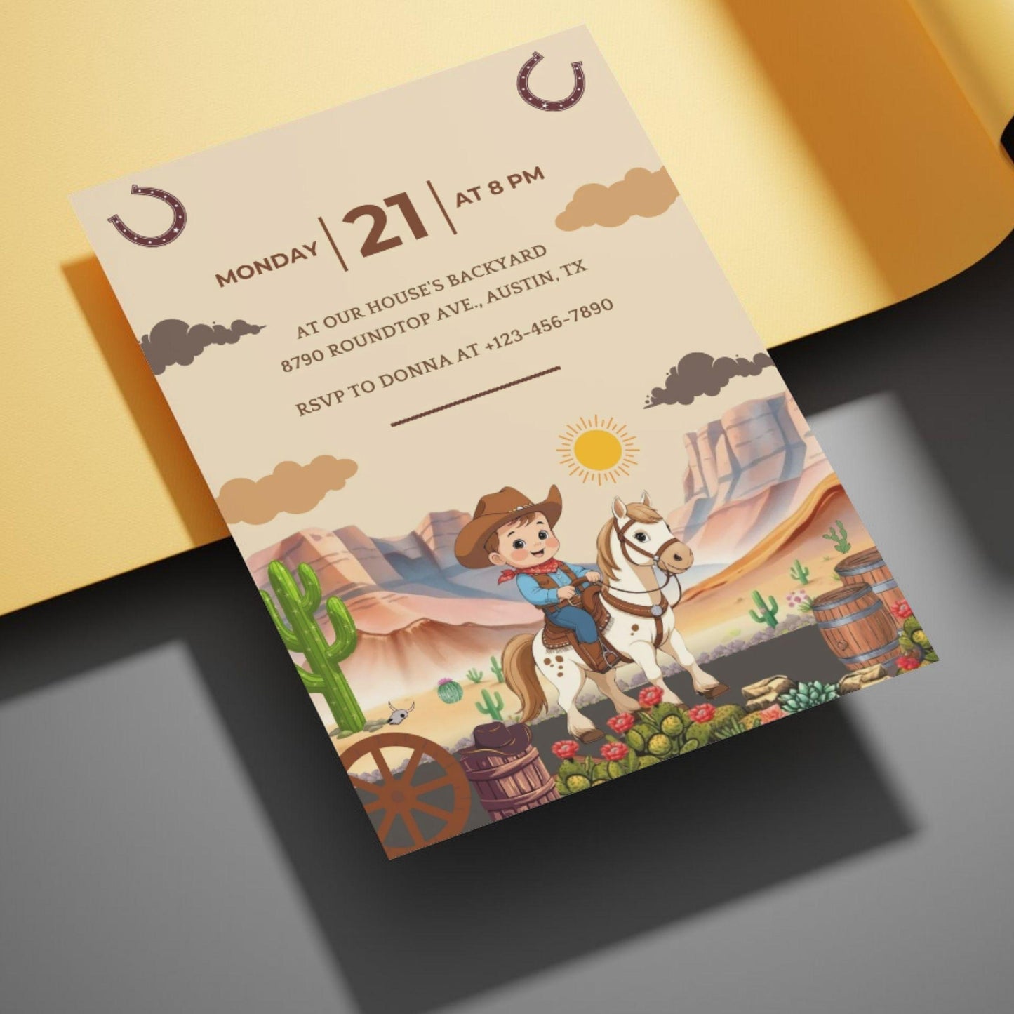 Country Western Party Invitation USA, Cowboy First Birthday Canva Template with playful cowboy design
