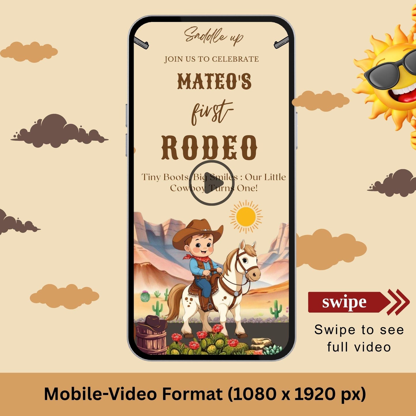 Country Western Party Invitation USA for Mateo's first birthday featuring a cowboy on a horse in a rodeo theme