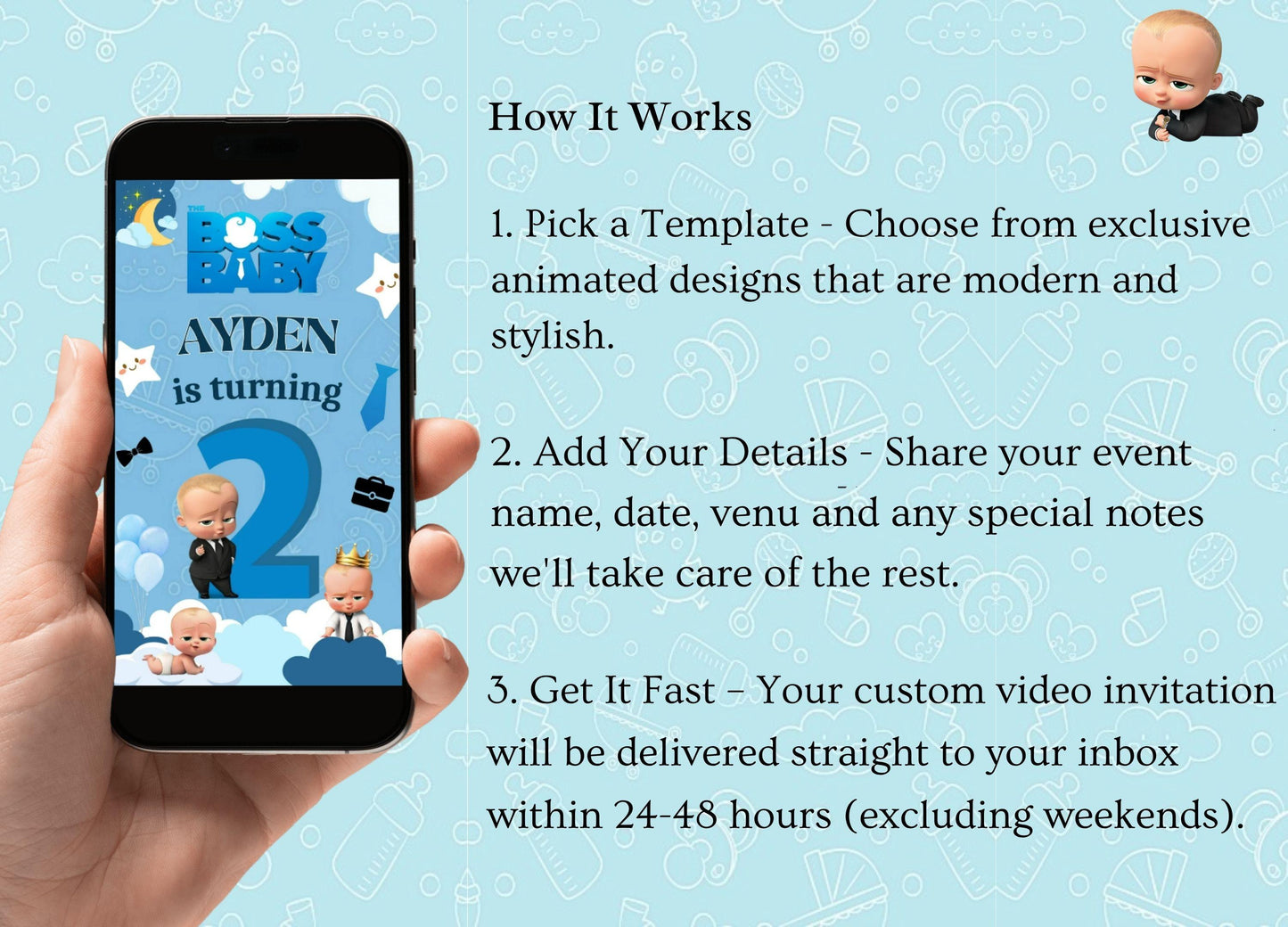 Hand holding phone displaying customizable Boss Baby invitation template for birthday party with animated characters