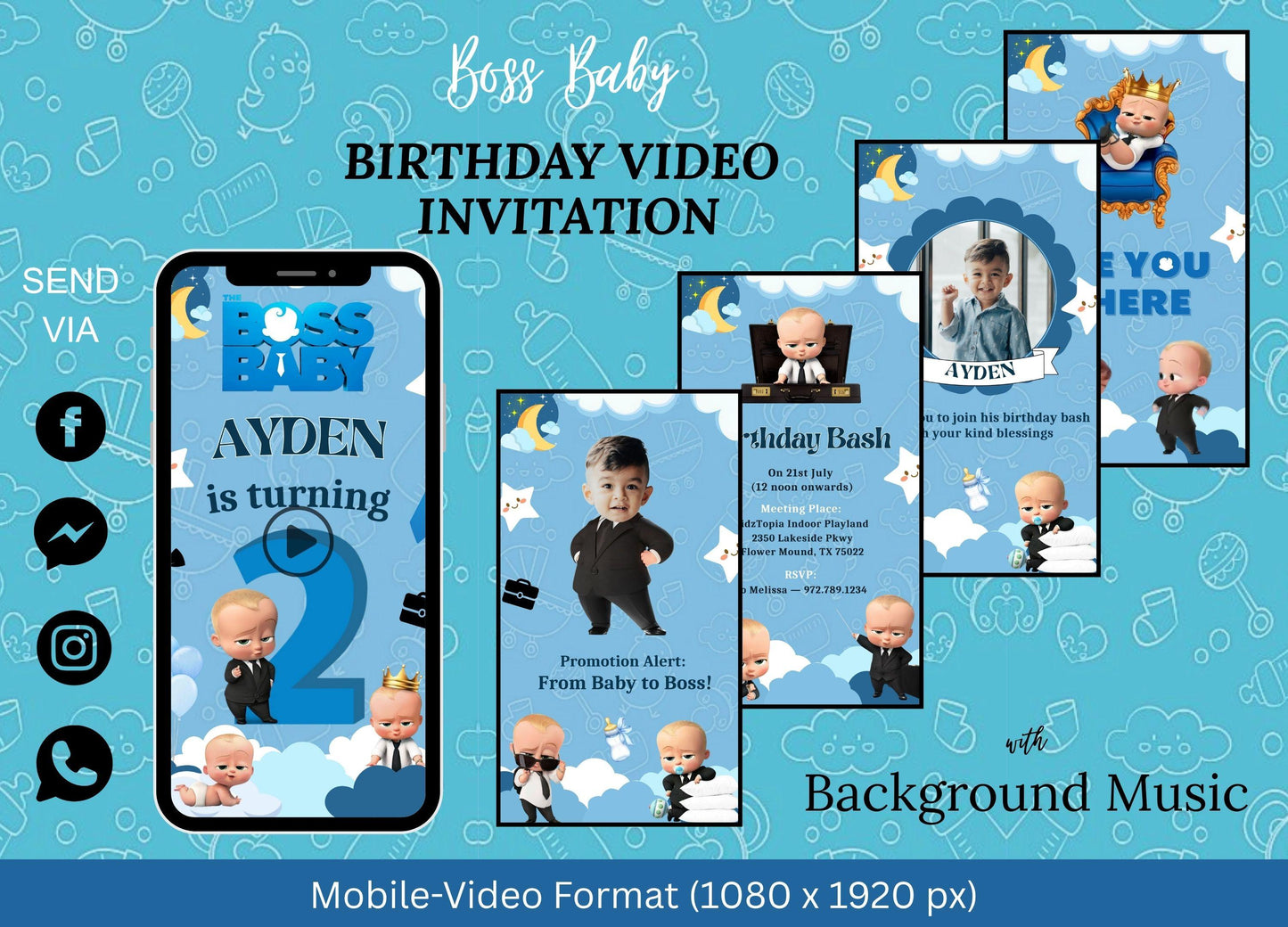 Customizable Boss Baby invitation template showing blue birthday video invitations with kids and animated baby characters