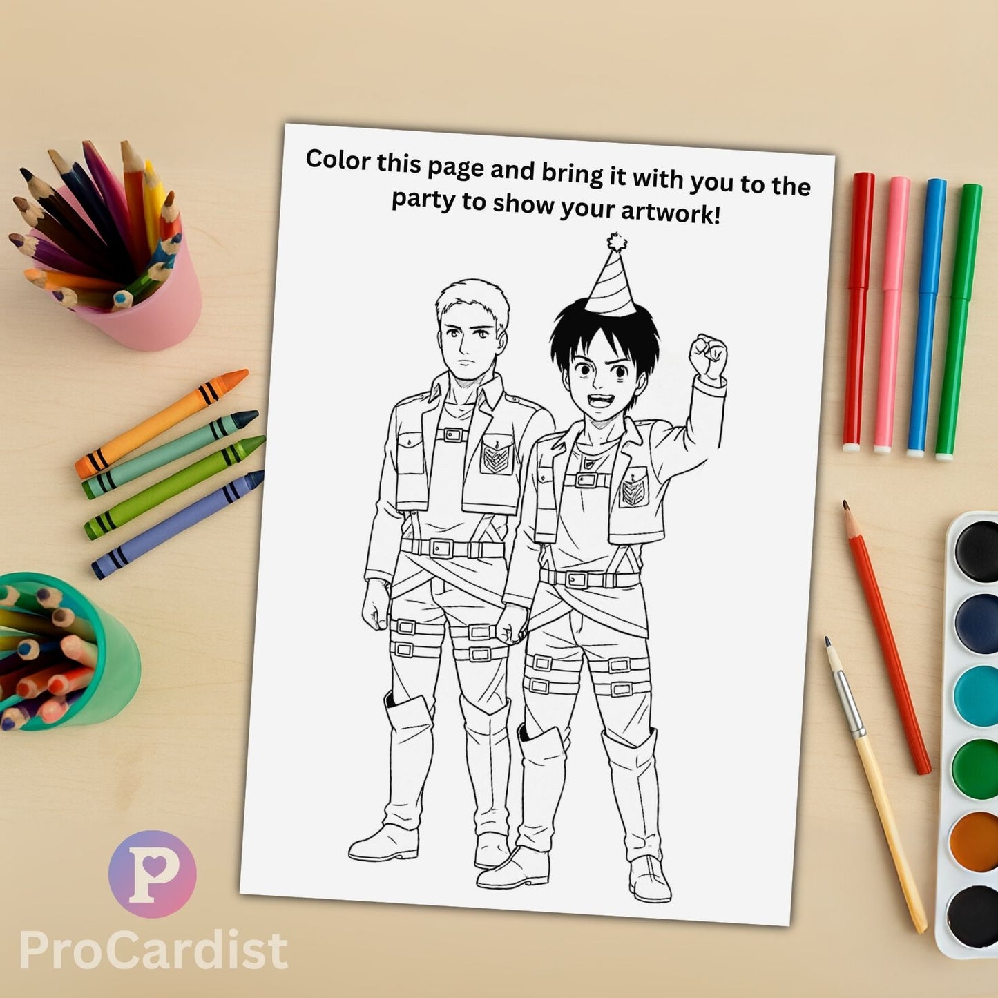 Attack on Titan birthday invitation coloring page featuring characters ready to celebrate