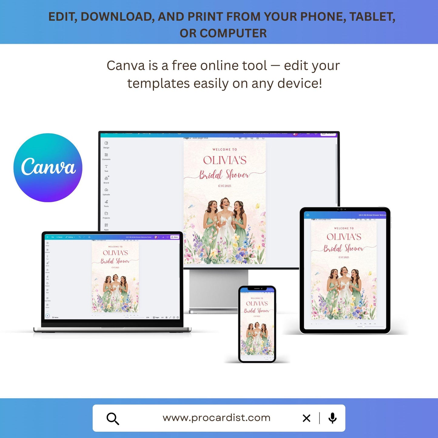 Printable Welcome Sign featuring Canva bridal shower template for easy customization on any device