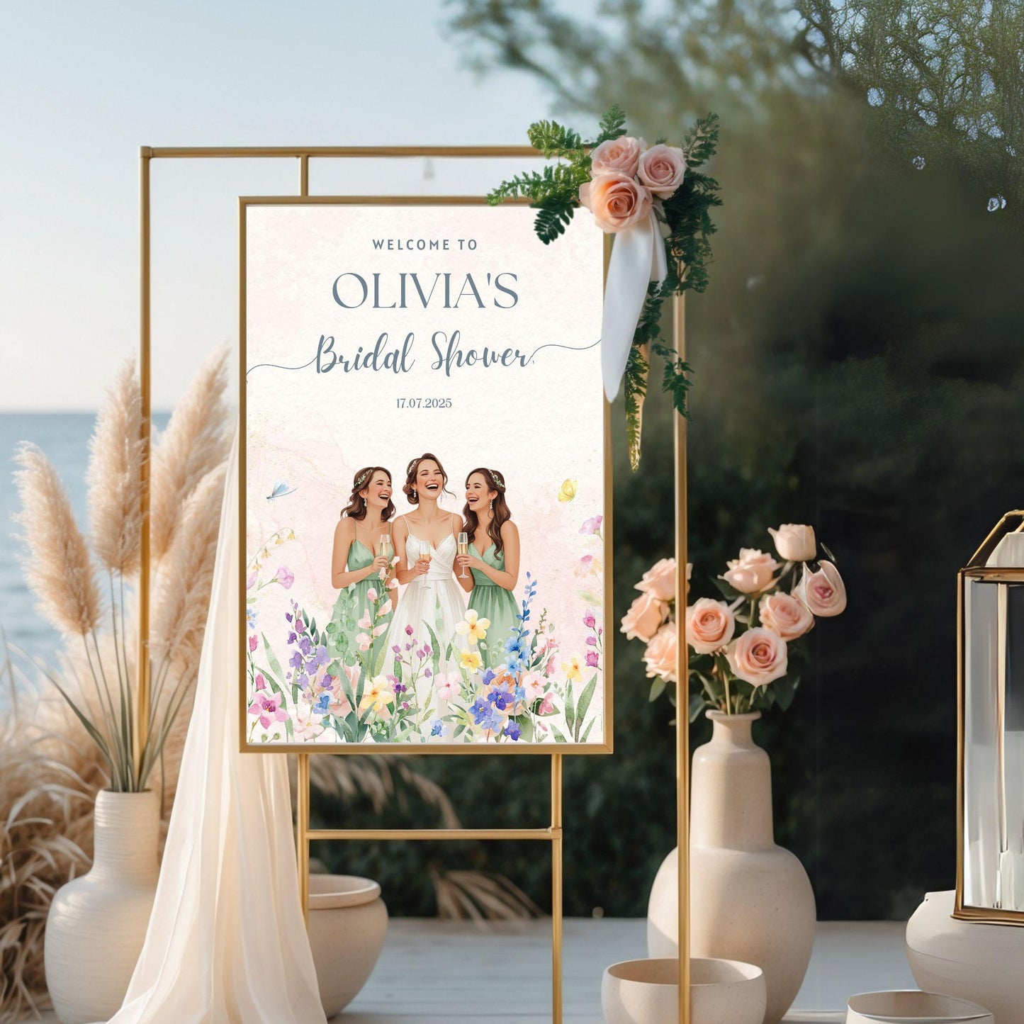 Customizable Canva bridal shower template for welcoming guests, featuring floral designs and space for names.
