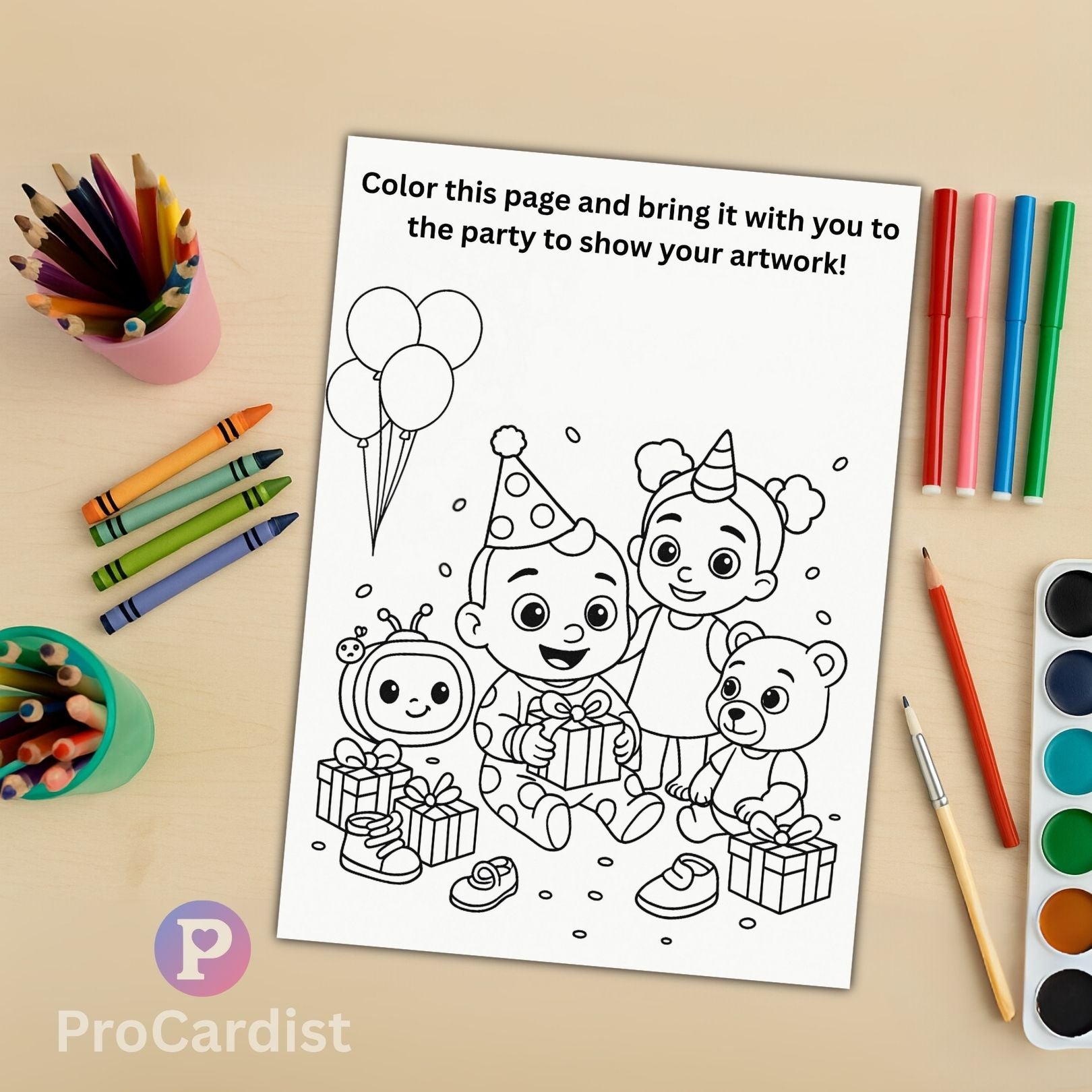 Cocomelon birthday invitation template with characters celebrating and coloring supplies for craft activities