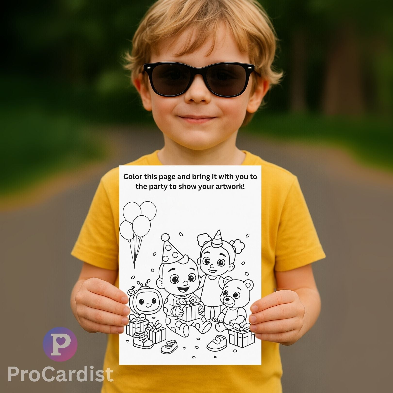 Child holding a coloring page featuring a Cocomelon birthday invitation template for a fun party activity