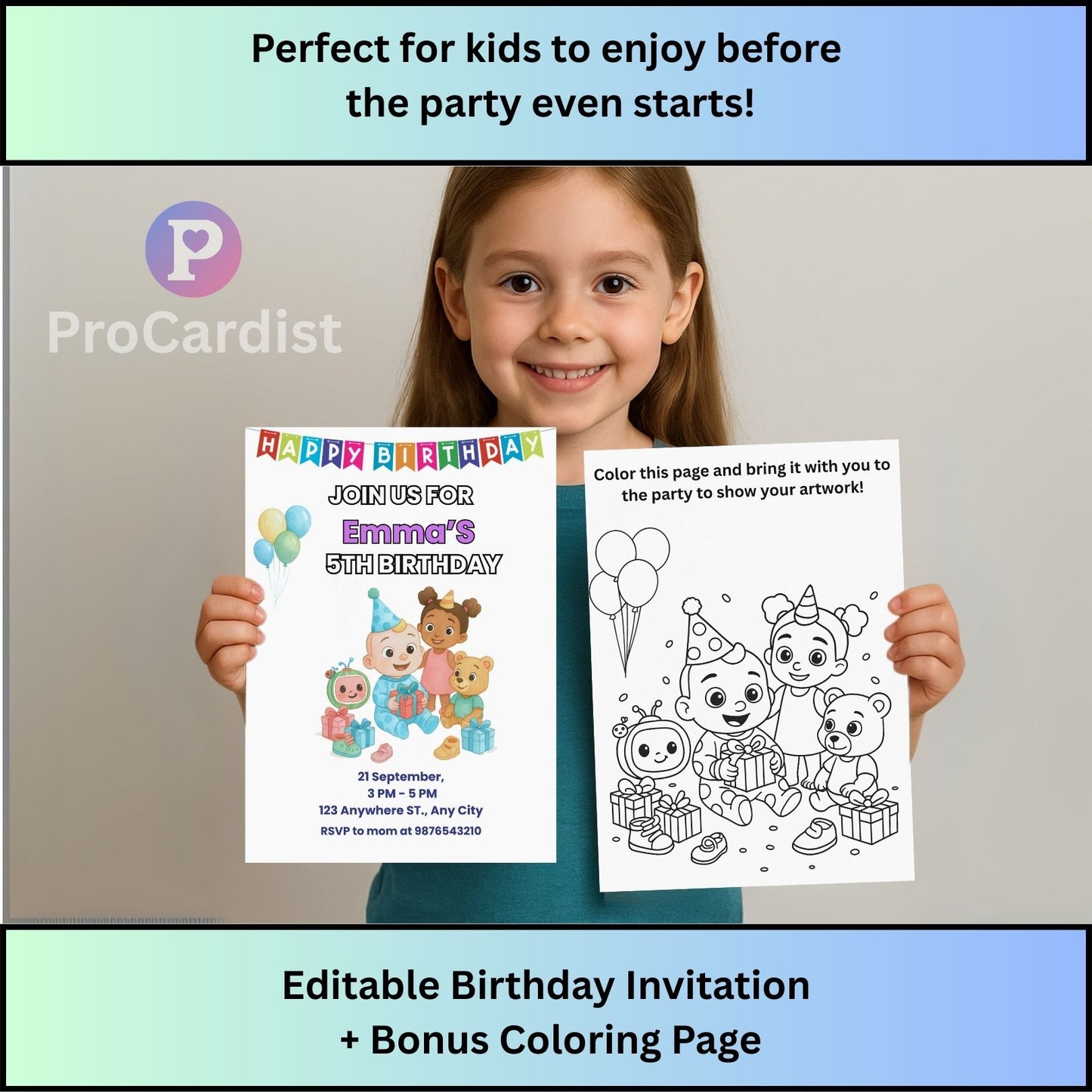 Cocomelon birthday invitation template featuring a girl holding editable invitations and coloring page for kids' parties