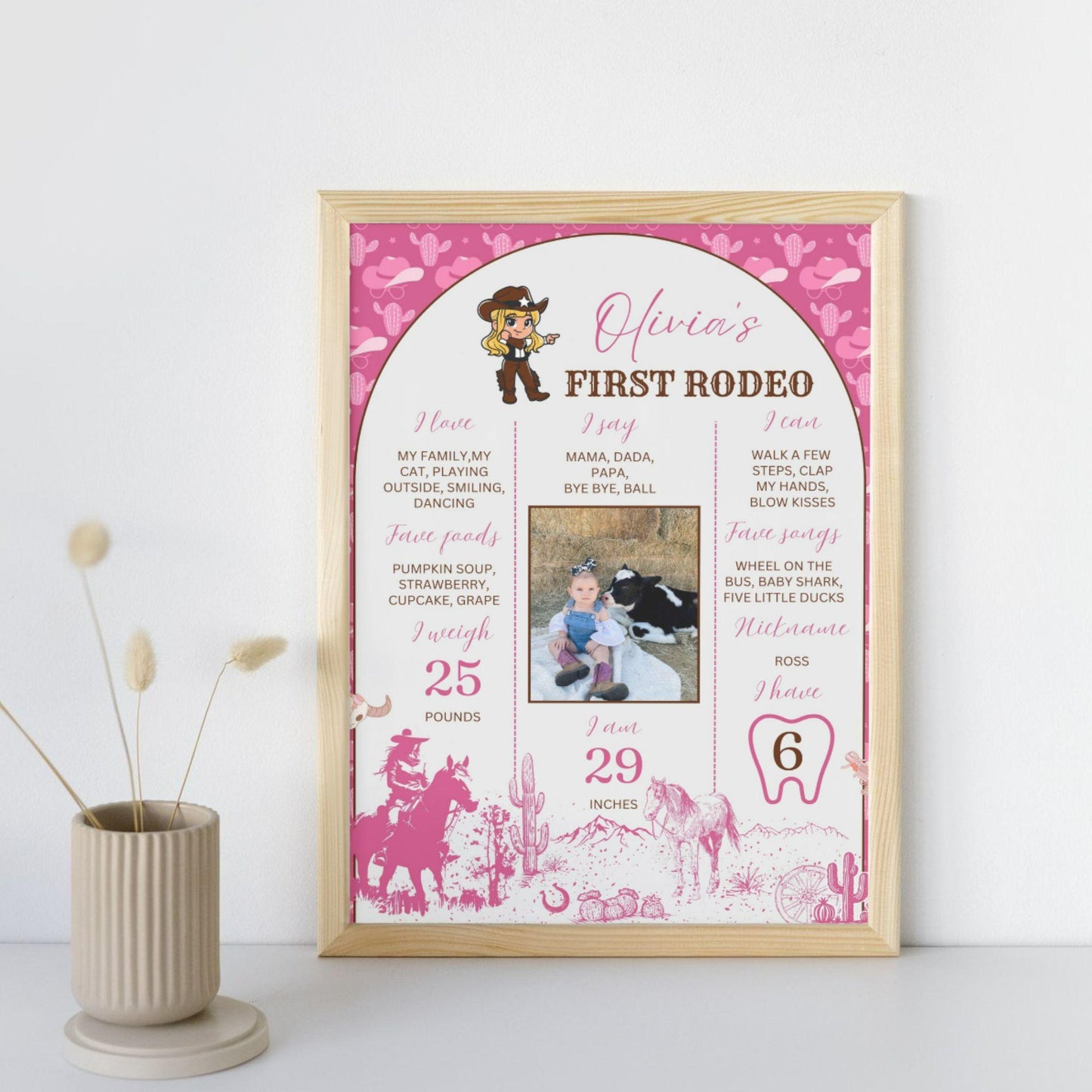 Custom birthday photo sign baby milestone poster with pink rodeo theme and personalized details