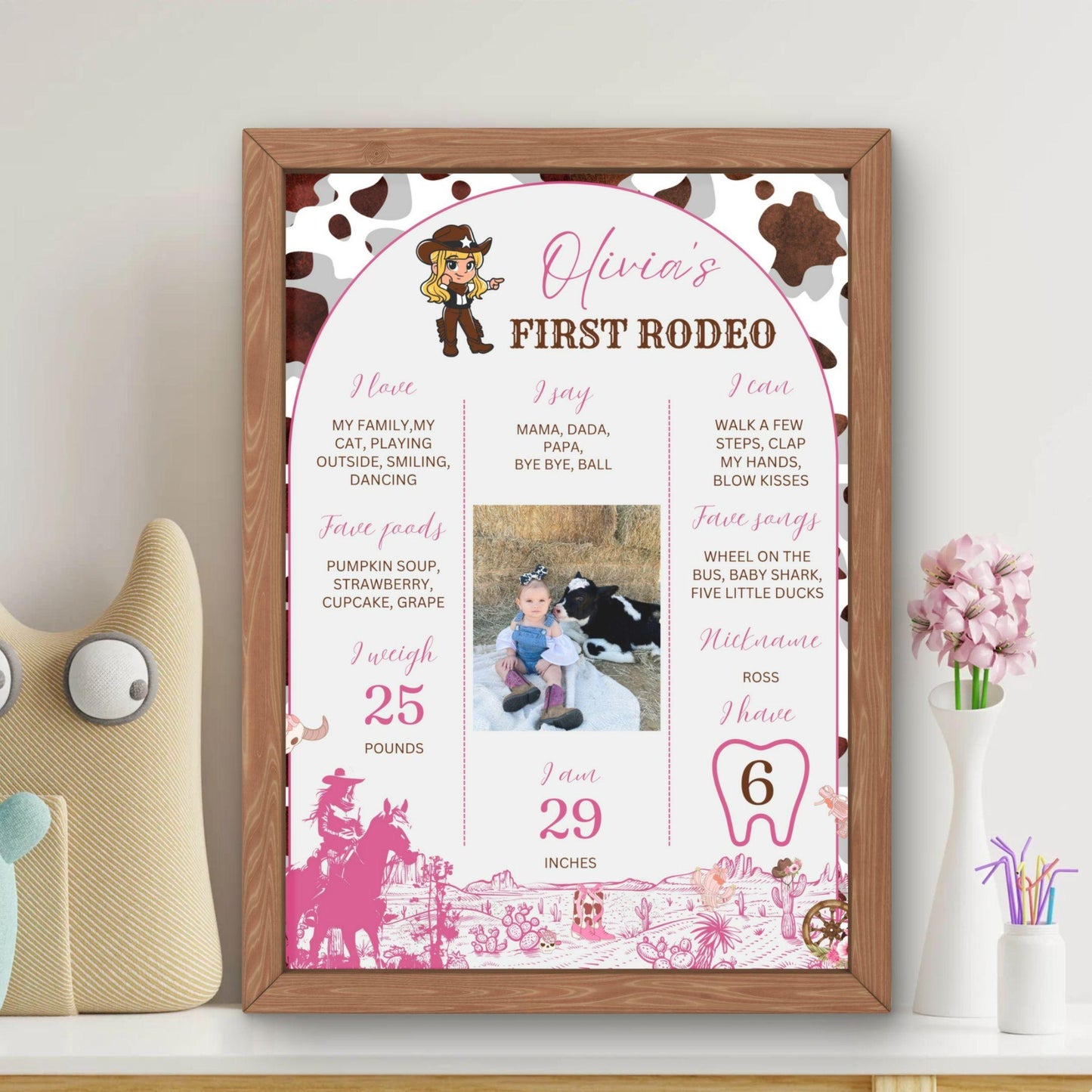 ProCardist baby milestone poster featuring custom birthday photo sign with rodeo theme in wooden frame