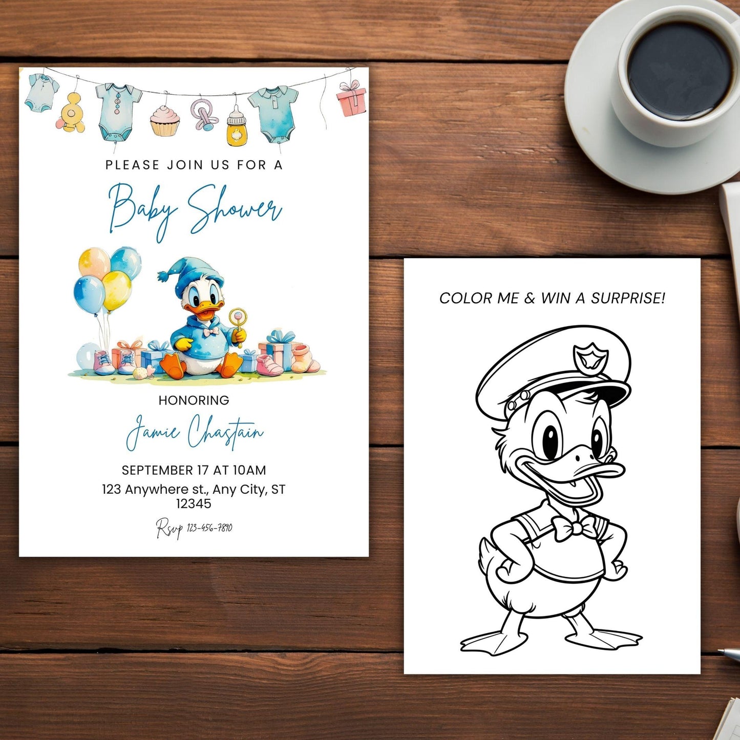 Donald Duck baby shower invitation digital card by ProCardist with colorful and coloring page designs