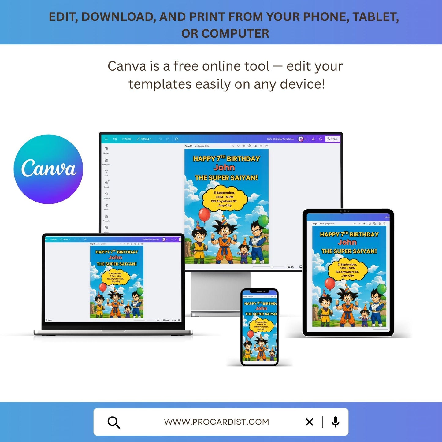 Dragon Ball Z birthday invitation editable Canva template shown on phone tablet laptop and desktop with characters