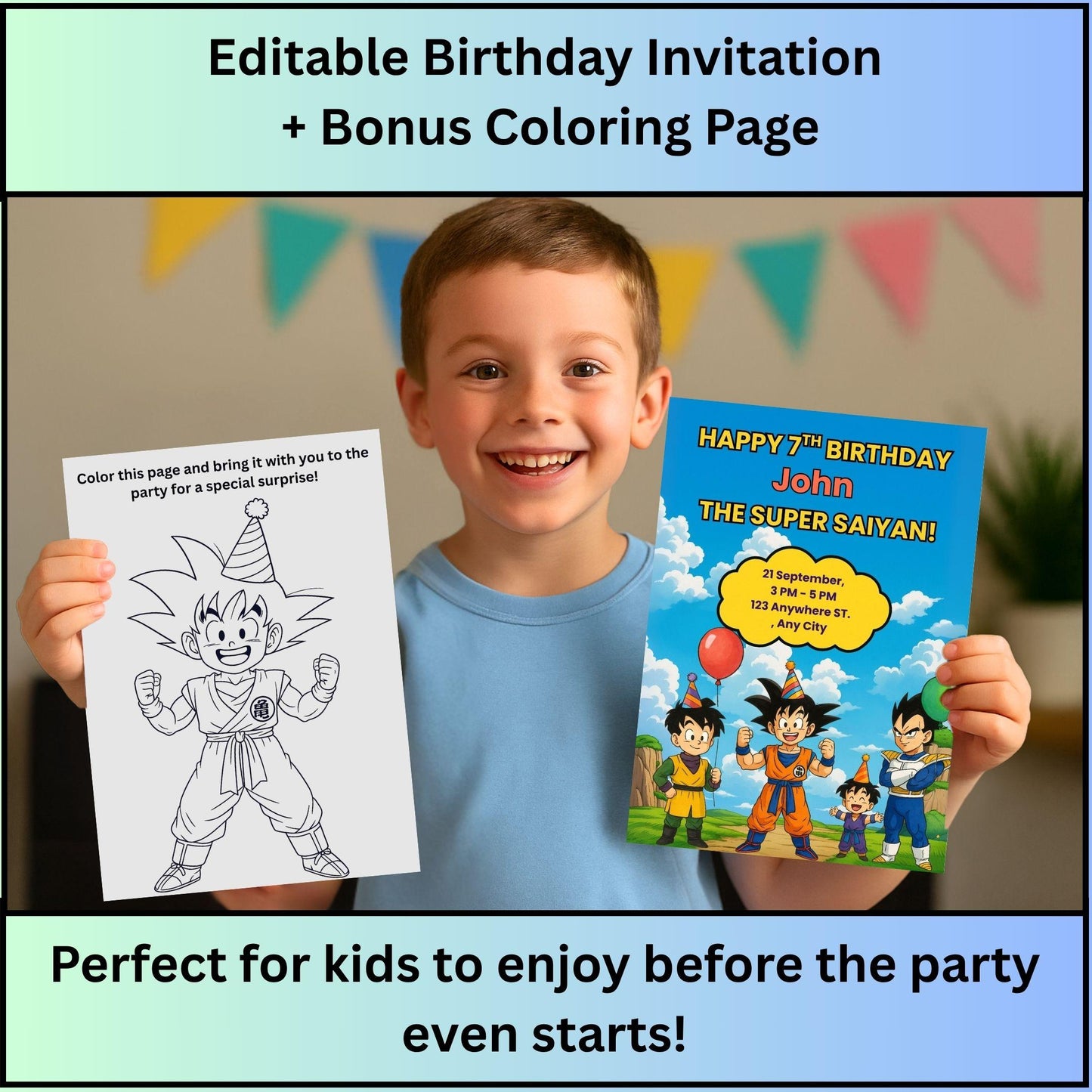 Child holding a Dragon Ball Z birthday invitation and matching coloring page featuring Goku and friends