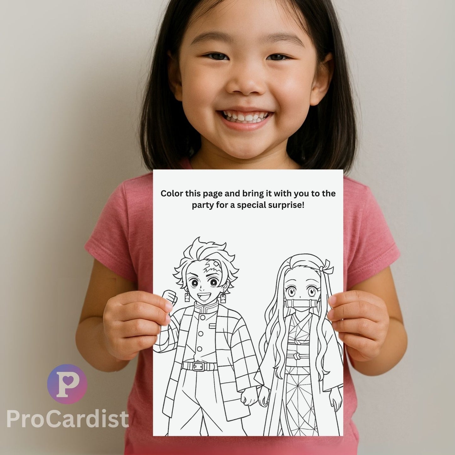 Smiling child holding ProCardist editable anime birthday invitation template printable coloring page featuring two anime characters