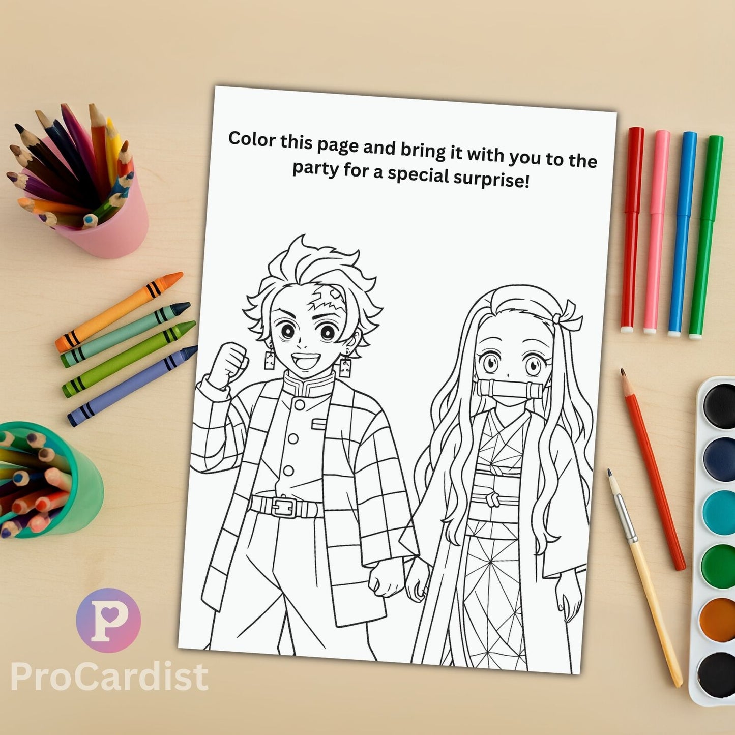 editable anime birthday invitation template coloring page showing two anime characters holding hands with crayons and paint set
