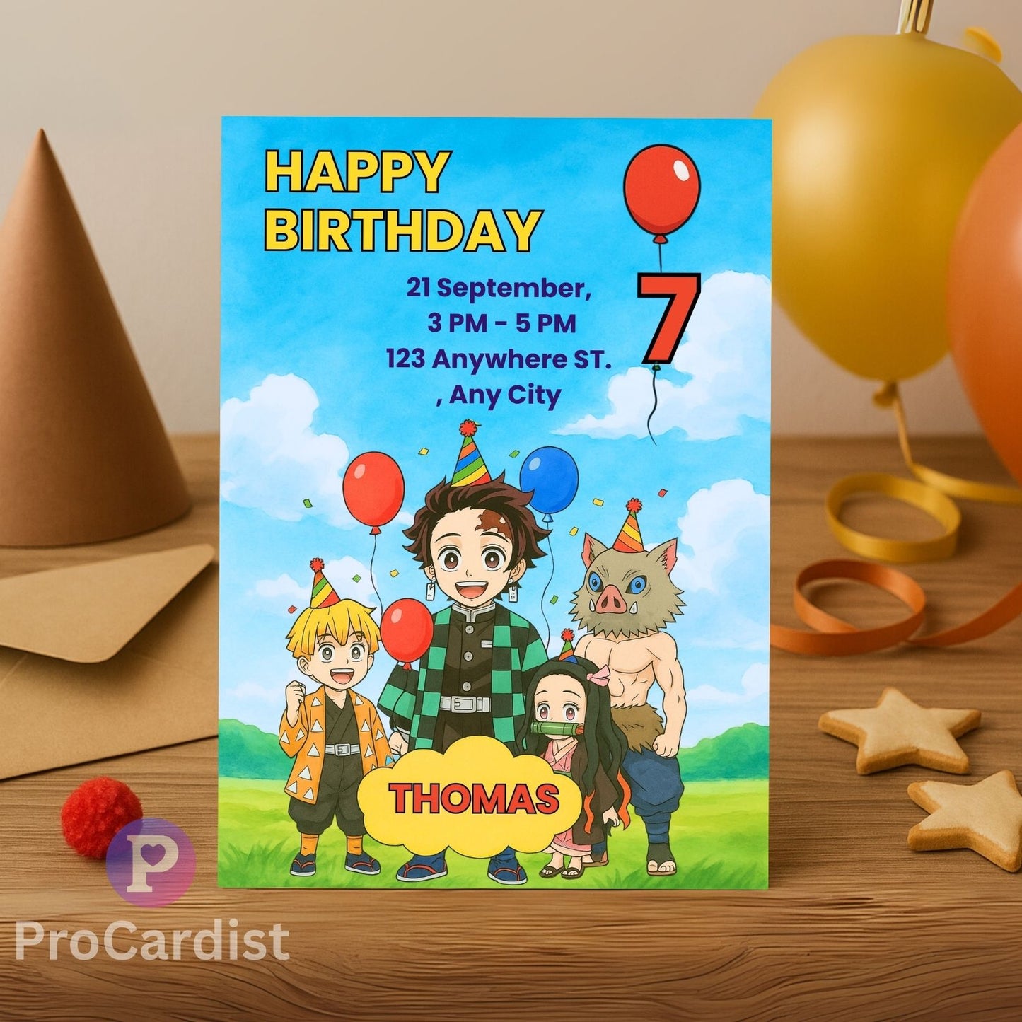 editable anime birthday invitation template showing four chibi characters in party hats balloons blue sky name Thomas 7