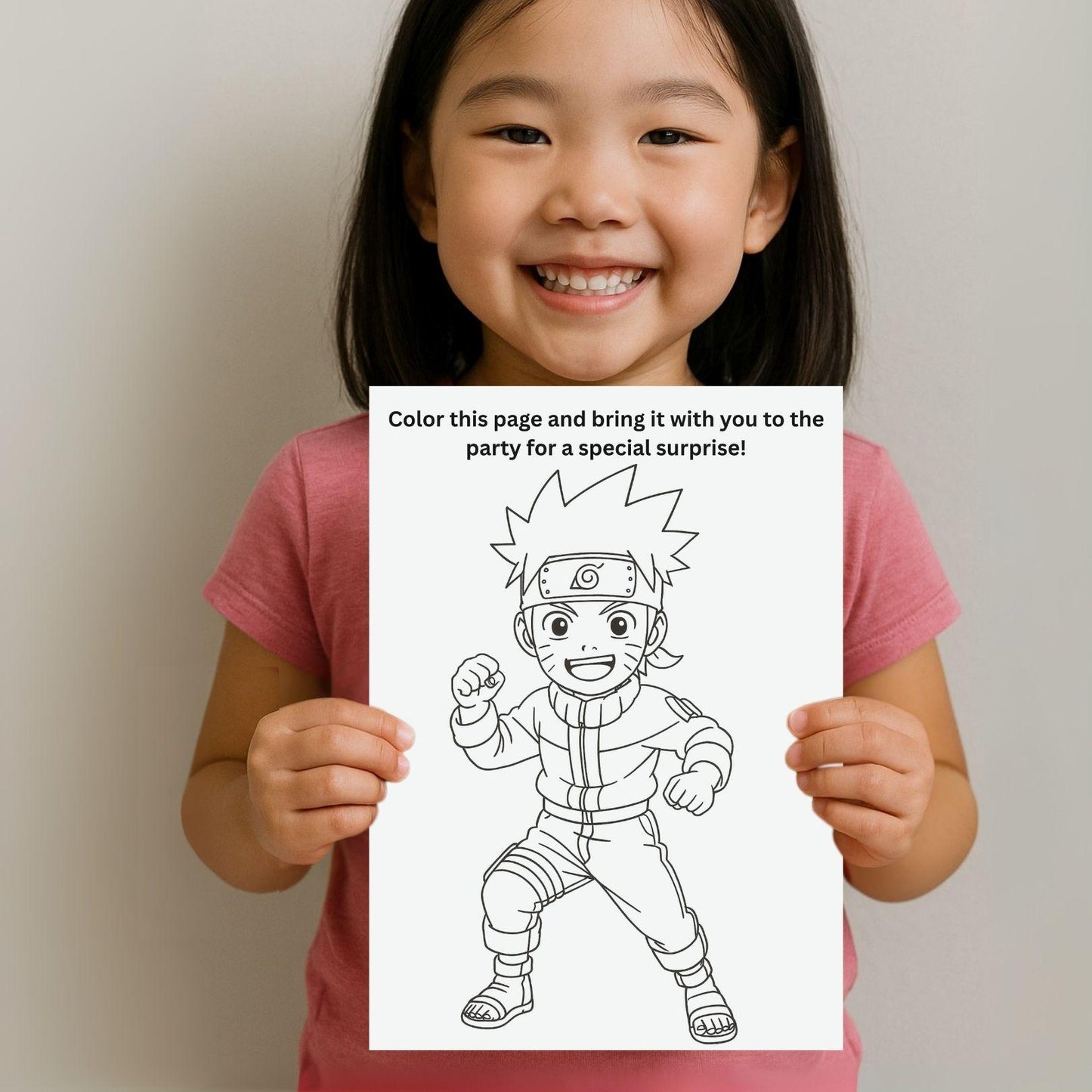 Smiling child holding a Naruto coloring sheet for a Naruto birthday invitation template by ProCardist