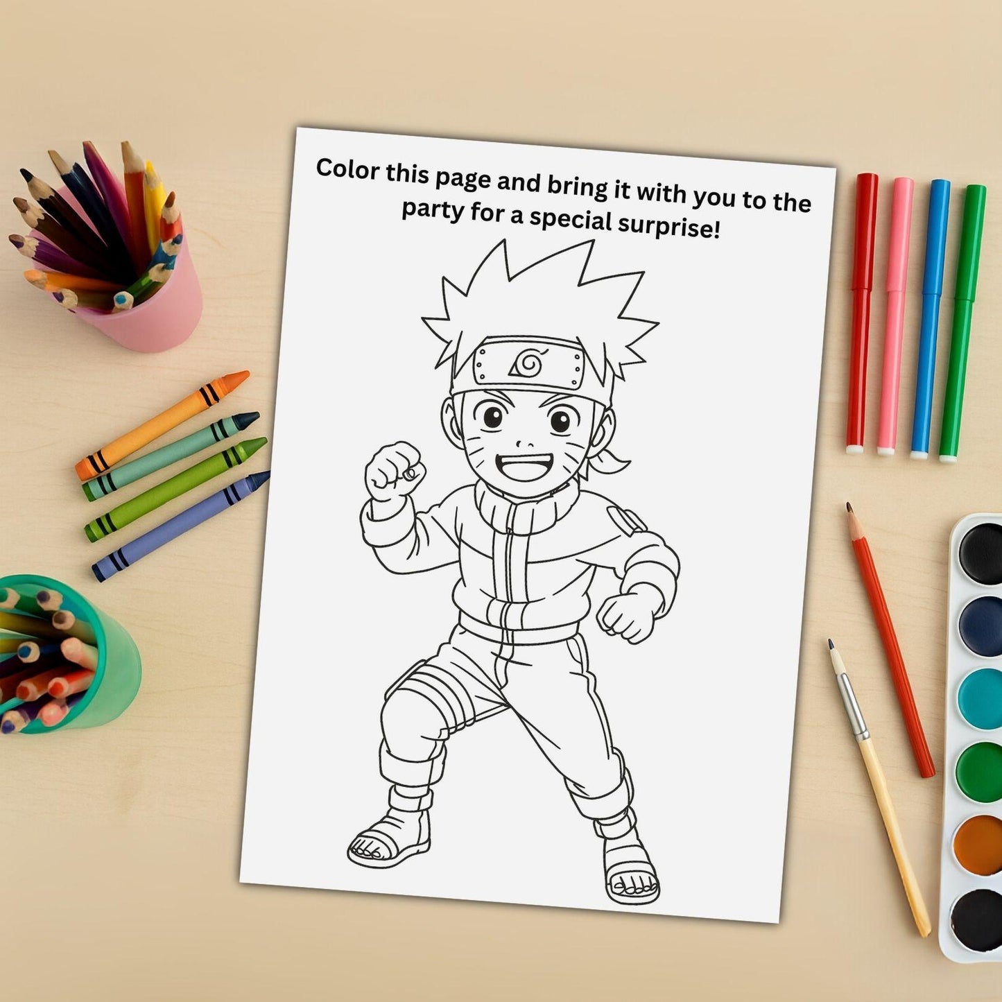 Naruto birthday invitation template coloring page showing Naruto line art with crayons colored pencils and paints