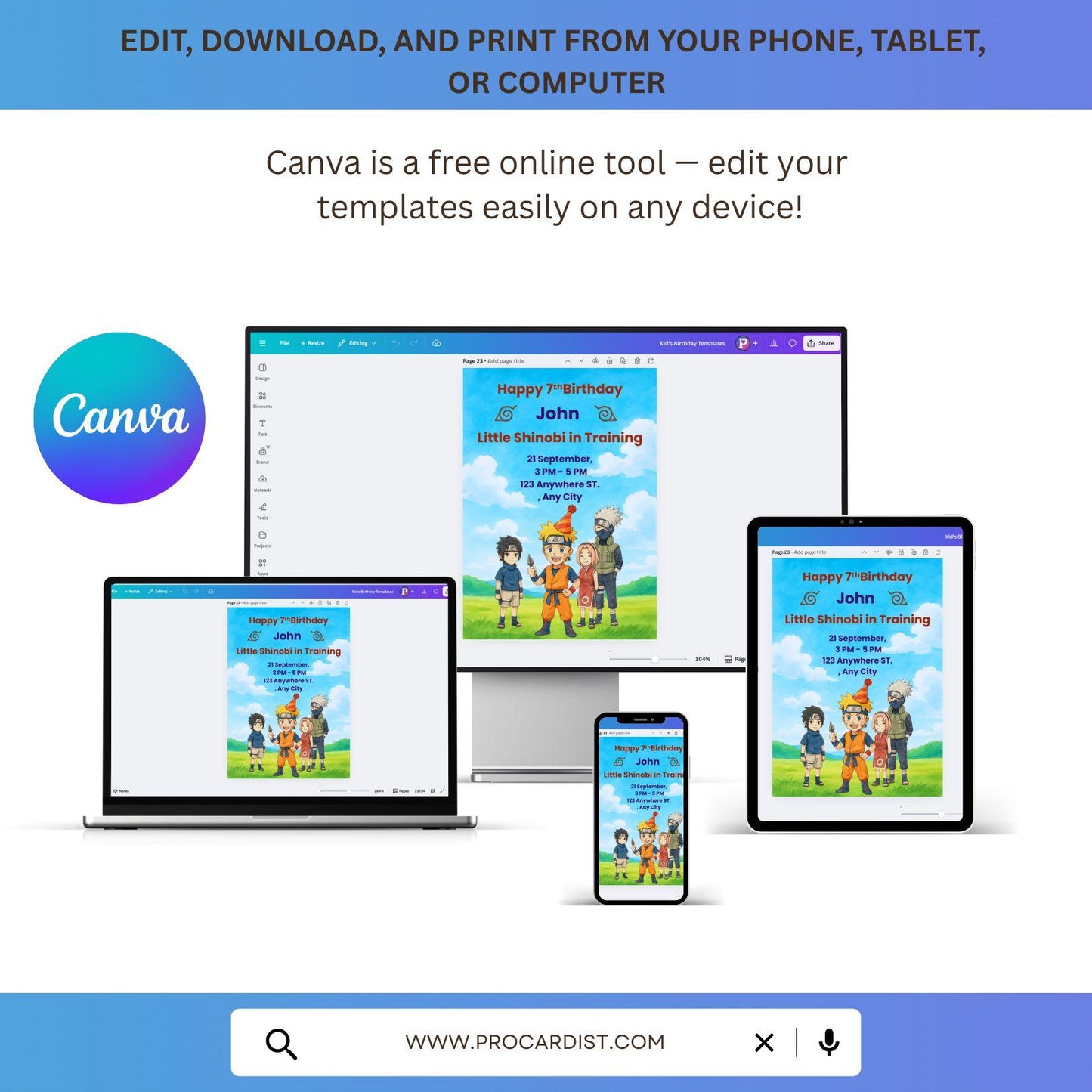 Naruto birthday invitation template displayed on desktop laptop tablet and smartphone mockups editable in Canva