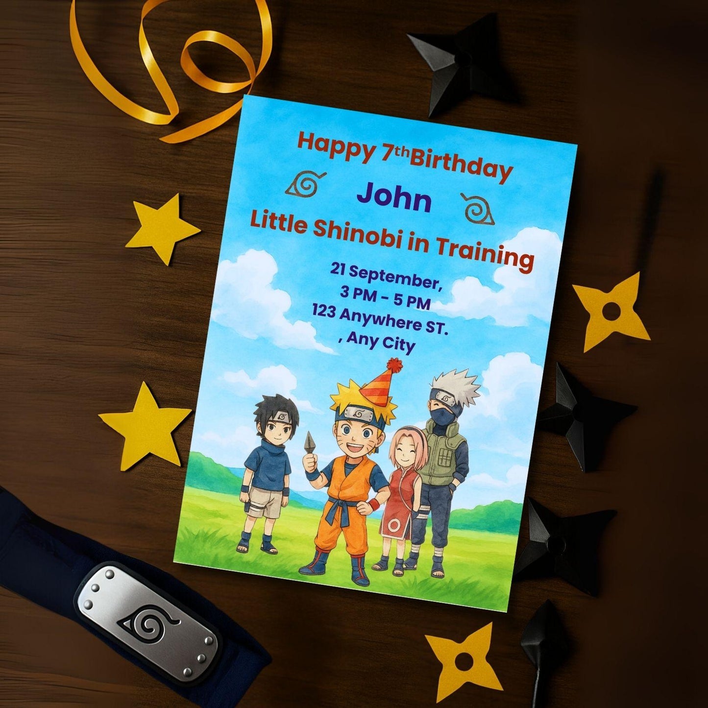 Naruto birthday invitation template featuring chibi Naruto characters with blue sky background and party details