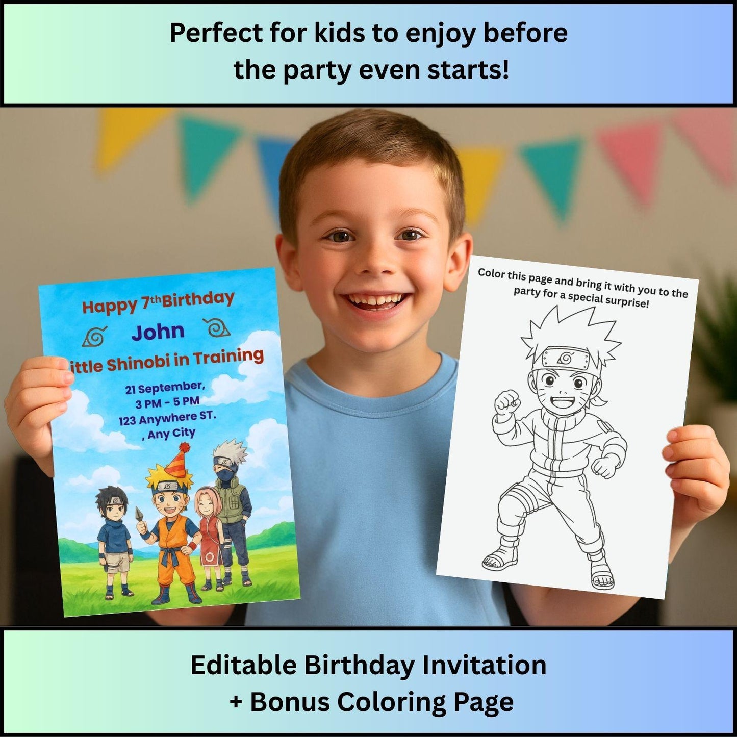 Young boy holding ProCardist Naruto birthday invitation template and bonus coloring page
