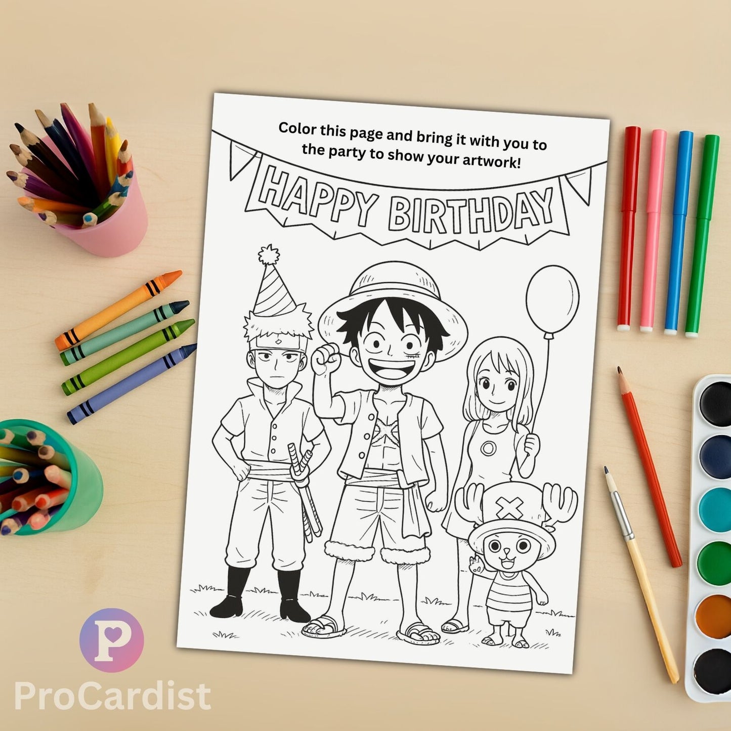 One Piece birthday invitation template coloring page featuring Luffy and friends for kids' parties