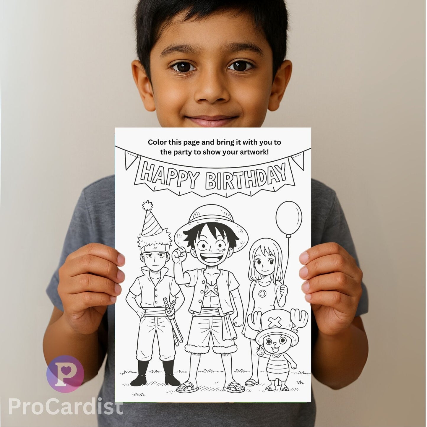 Child holding a One Piece birthday invitation template for coloring and party decor
