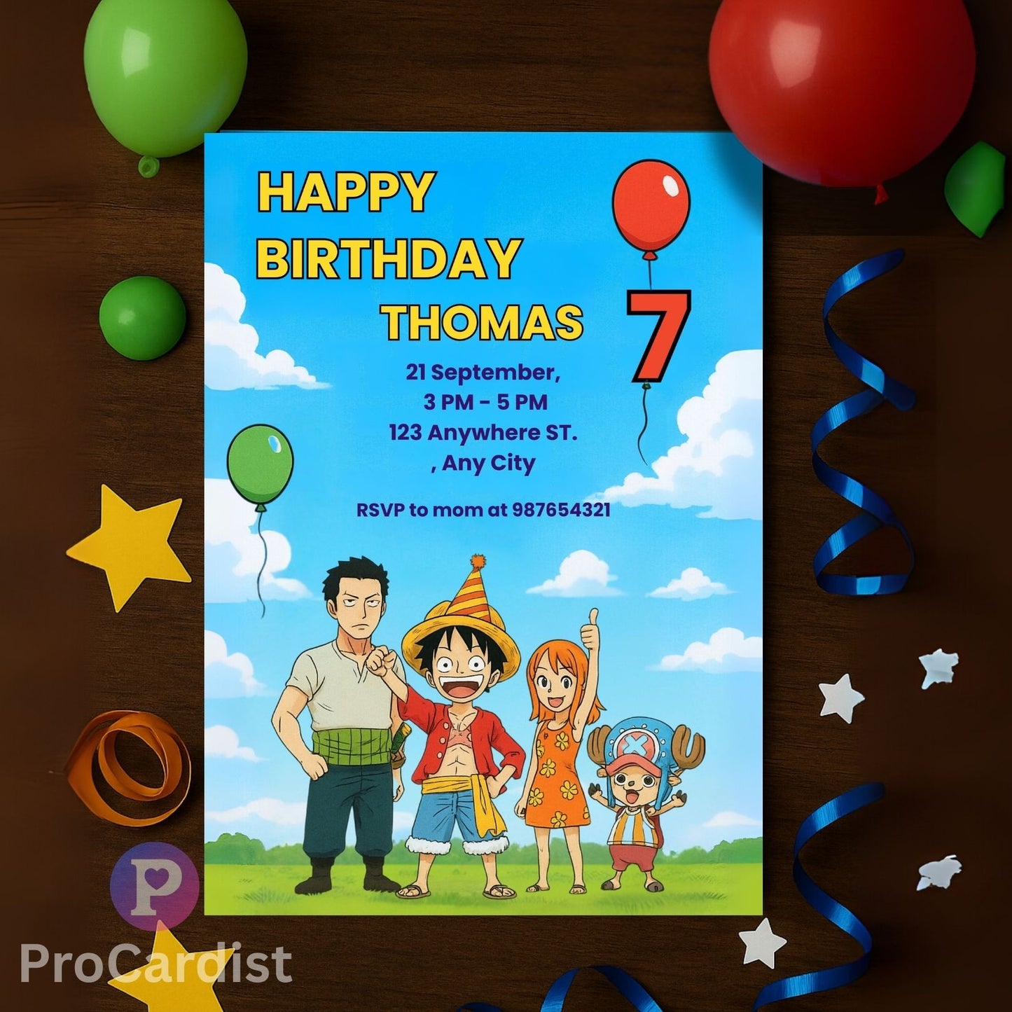 One Piece birthday invitation template featuring colorful characters and details for a fun celebration