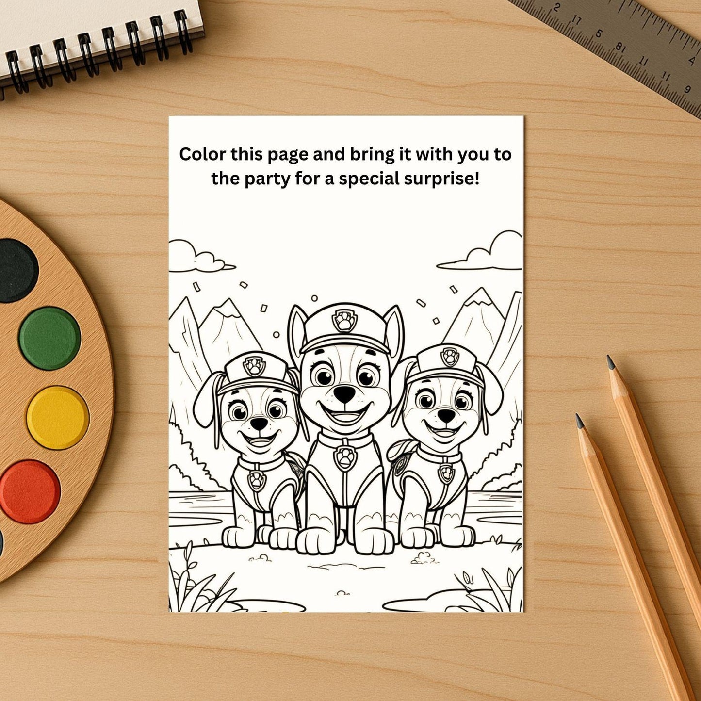 Paw Patrol birthday invitation editable black and white coloring page showing three smiling pups