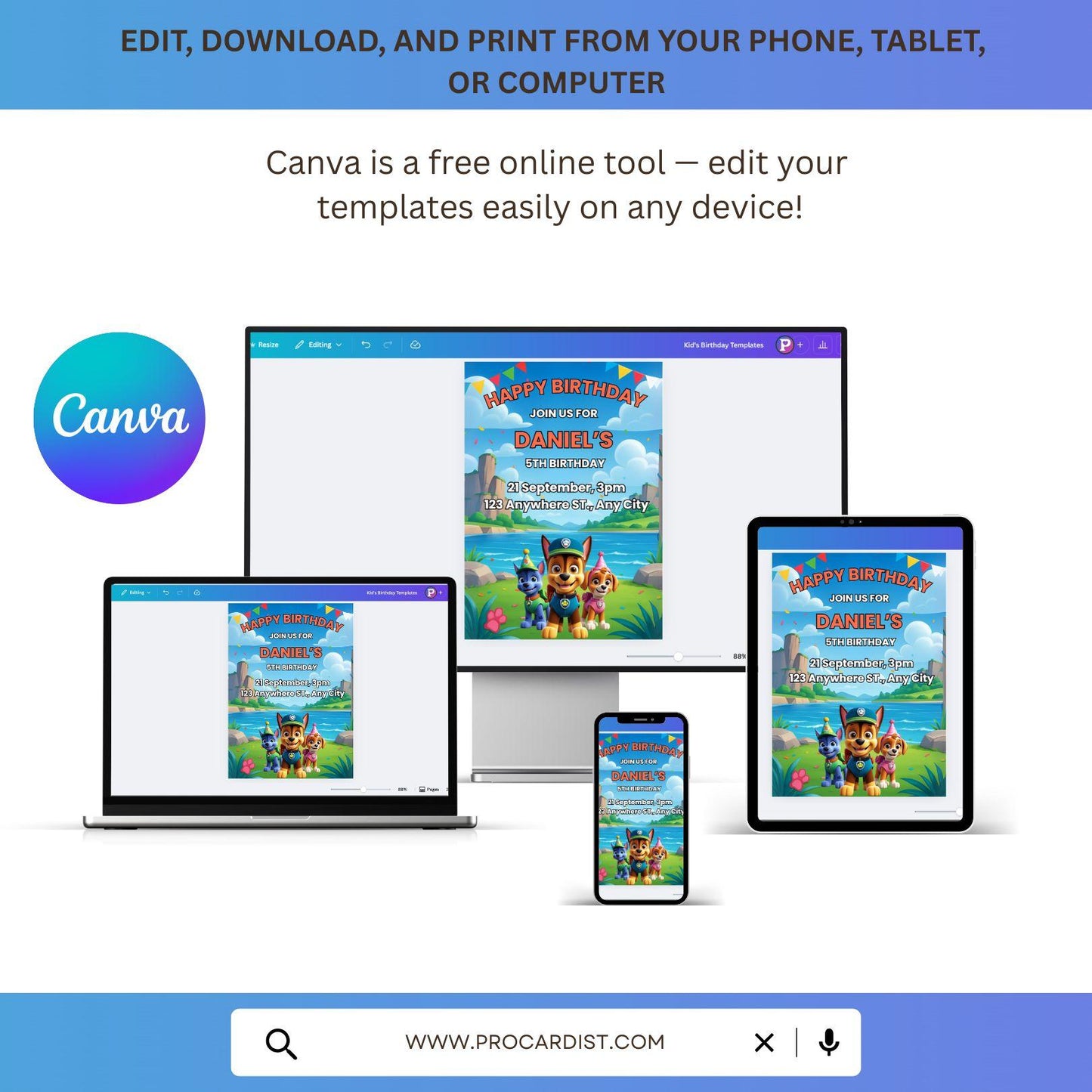 Paw Patrol birthday invitation editable template shown on desktop laptop tablet and phone via Canva