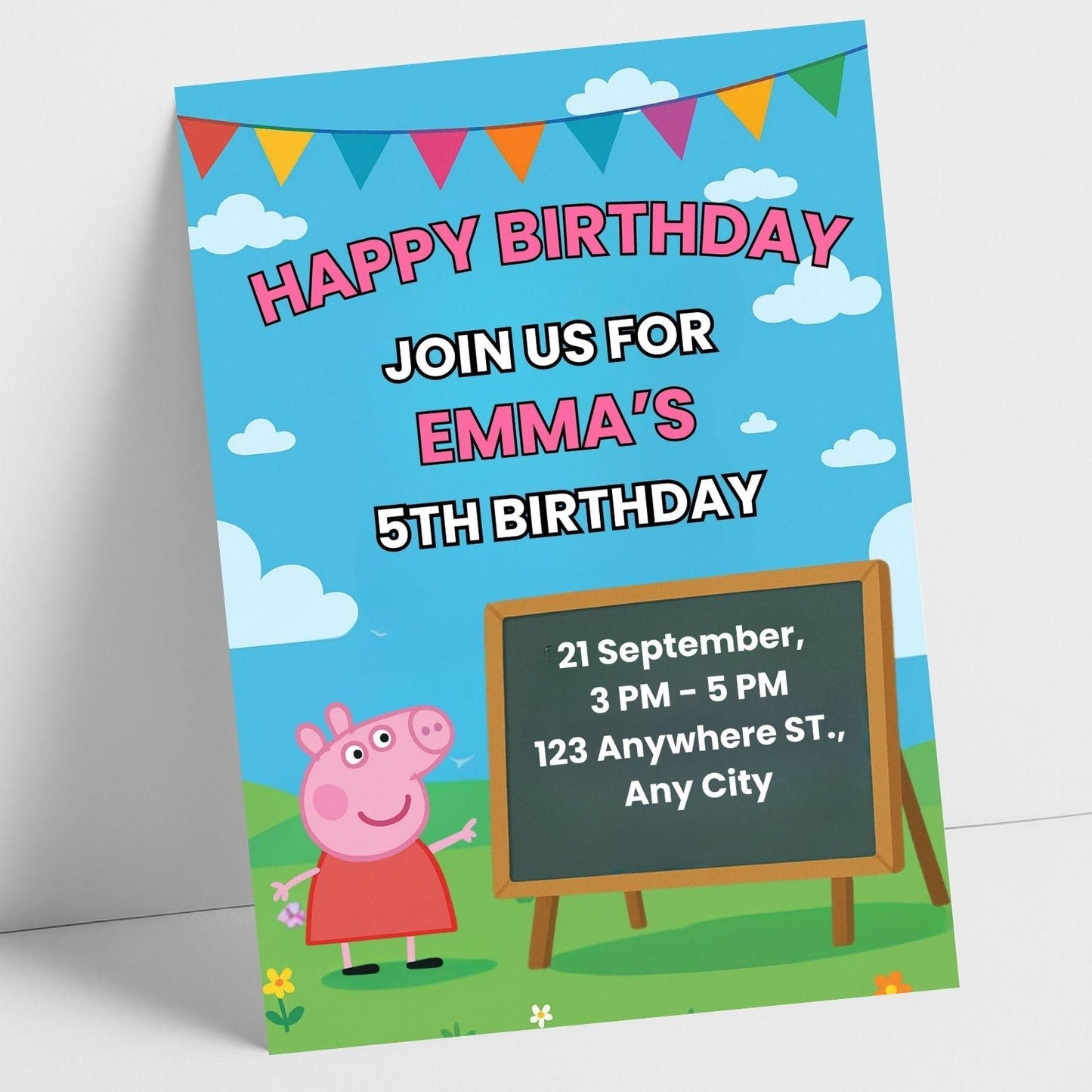 Peppa Pig birthday invitation template with Peppa bunting blue sky and chalkboard showing party details for Emmas 5th