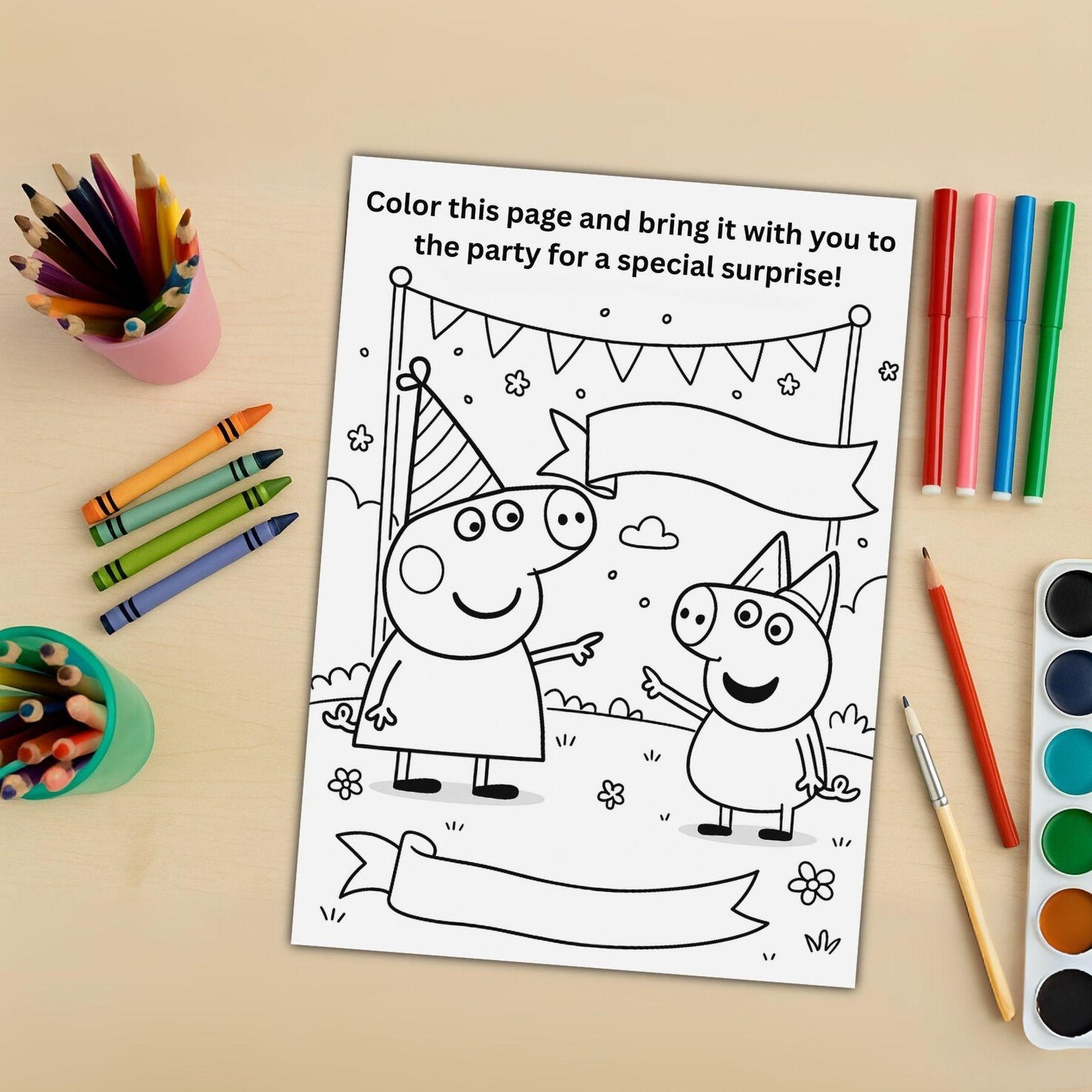 Peppa Pig birthday invitation template printable coloring page with party scene on table with crayons