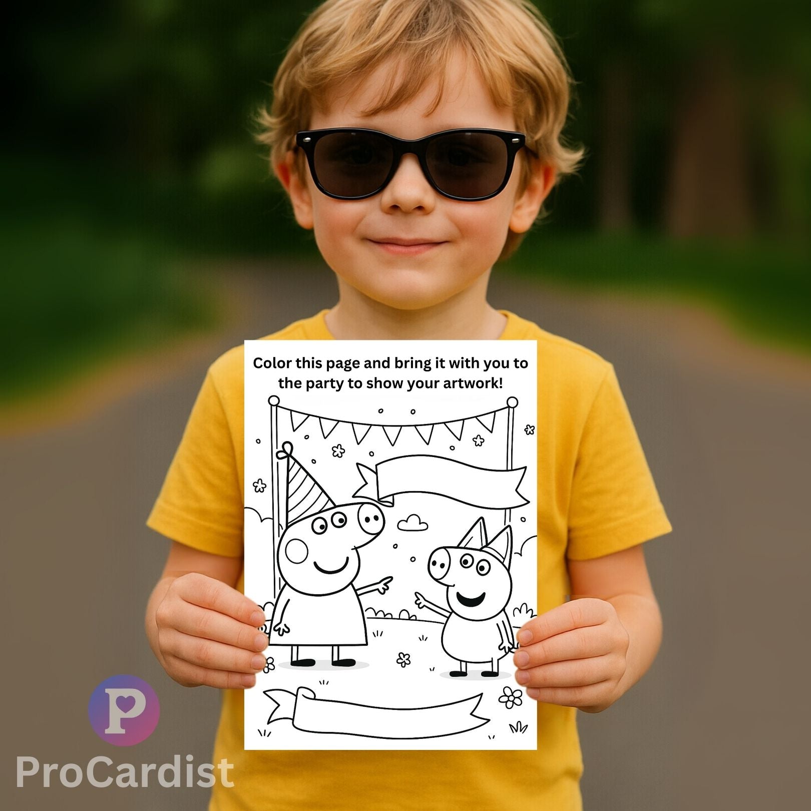 Child holding a Peppa Pig birthday invitation template for coloring activity at the party