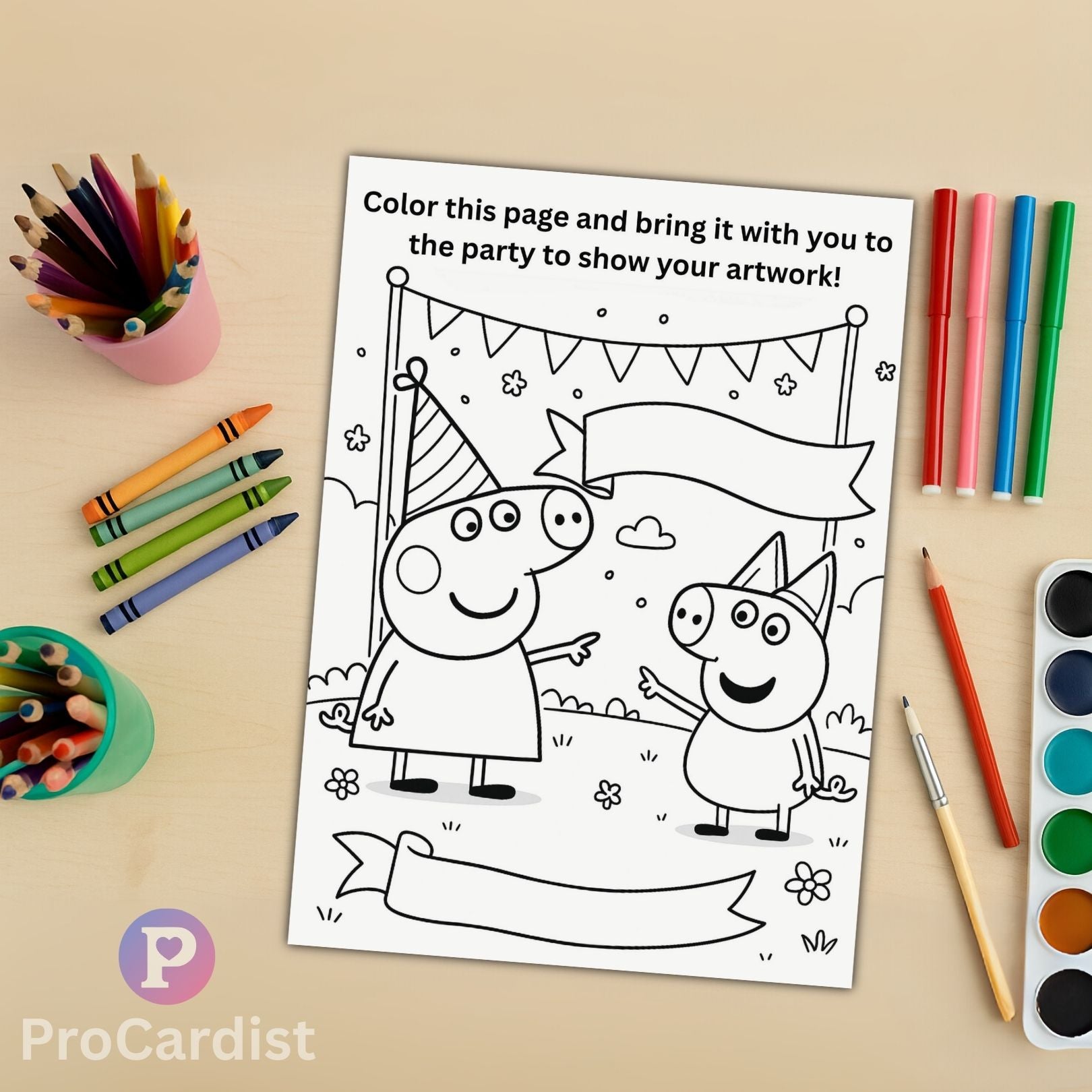 Peppa Pig birthday invitation template for coloring featuring Peppa and George with decorations