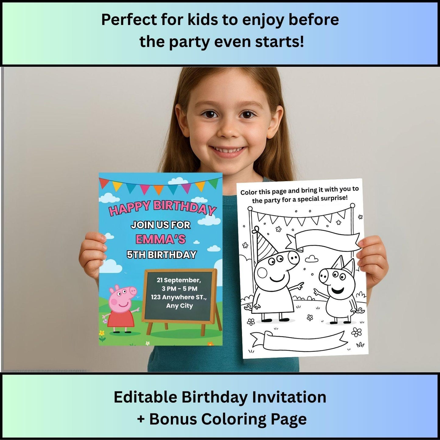 Happy child holding Peppa Pig birthday invitation template and bonus coloring page for kids party