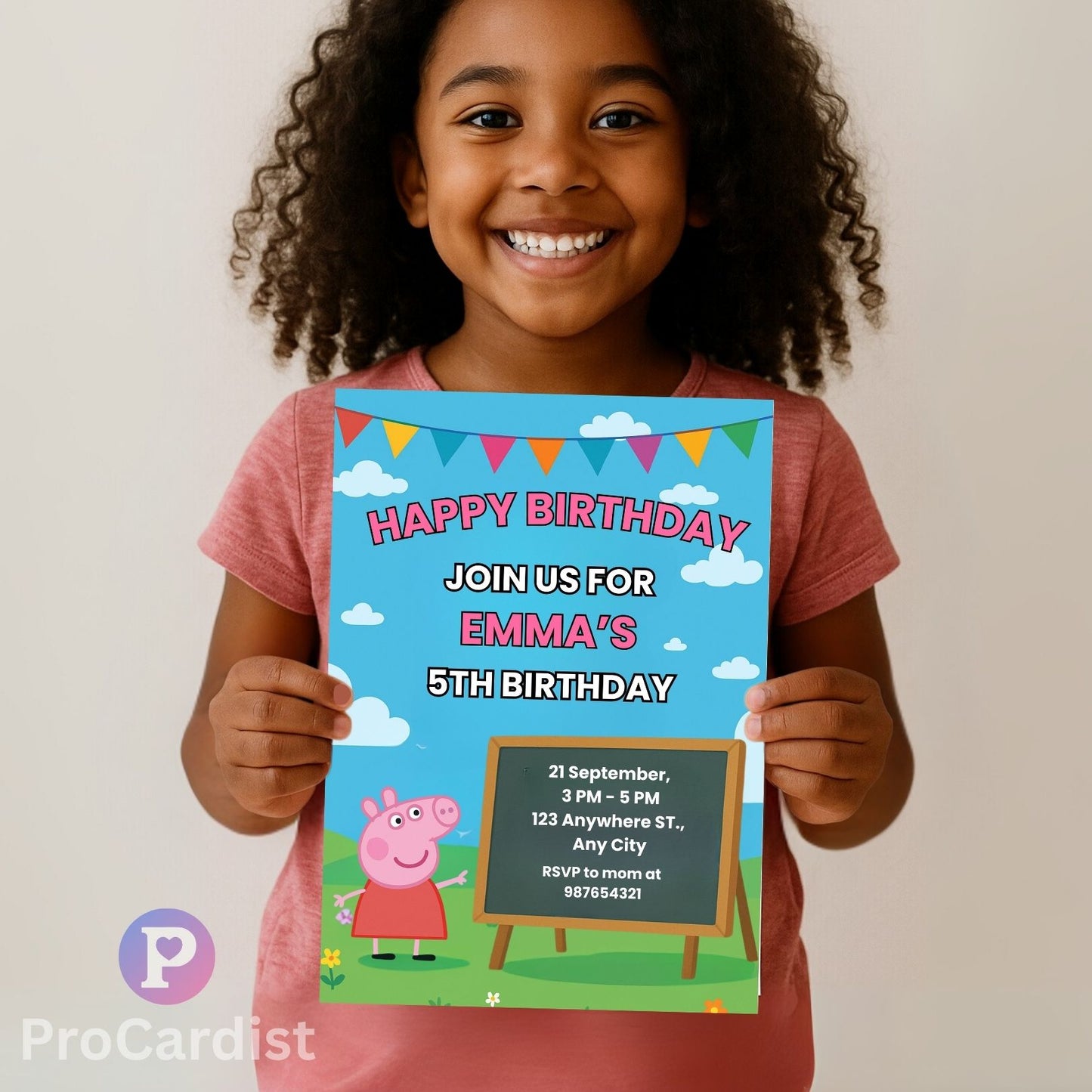 Peppa Pig birthday invitation template featuring colorful design and customizable details for kids' parties